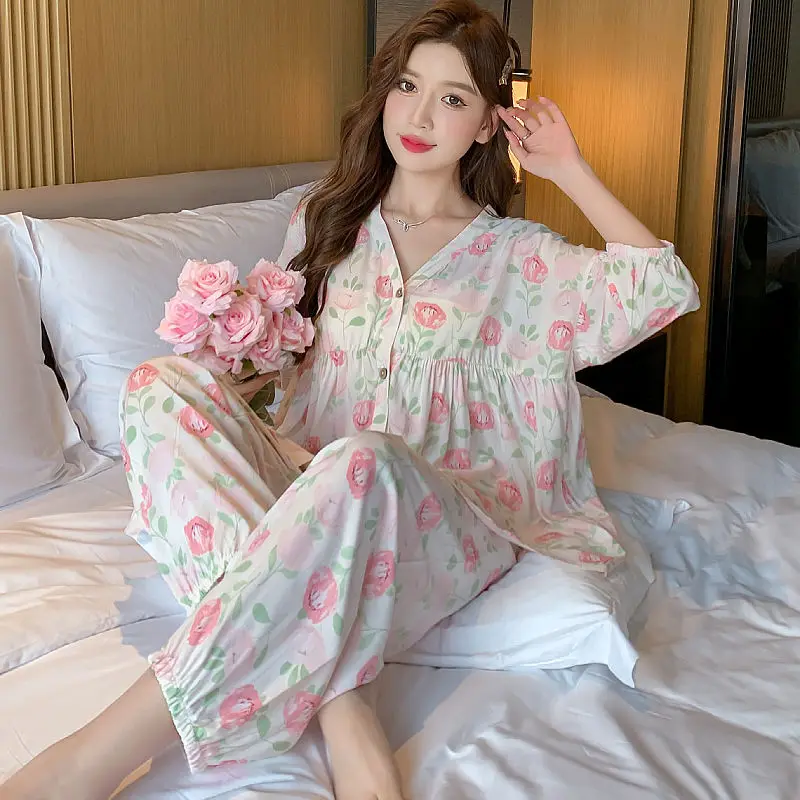 Spring Summer Cotton Silk Pajamas Two-piece Set Loose Cardigan Large Size Female Summer Dress Home Wear Pregnant Chinese Style
Spring Summer Cotton Silk Pajamas Two-piece Set Loose Cardigan Large Size Female Summer Dress Home Wear Pregnant Chinese Style