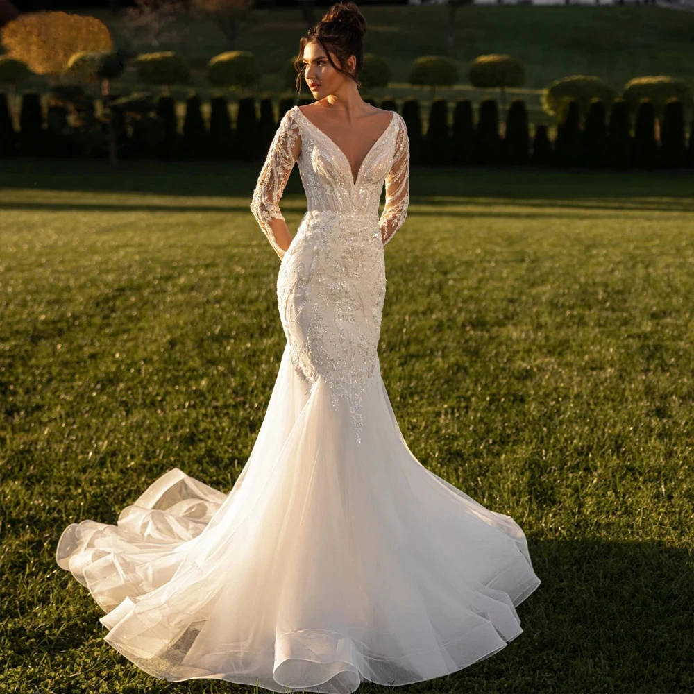 Exquisite Deep V Neck Lace Mermaid Wedding Dress Appliques Beaded Long Sleeves Princess Bride Dress Customized Vestido De Novia
Exquisite Deep V Neck Lace Mermaid Wedding Dress Appliques Beaded Long Sleeves Princess Bride Dress Customized Vestido De Novia
