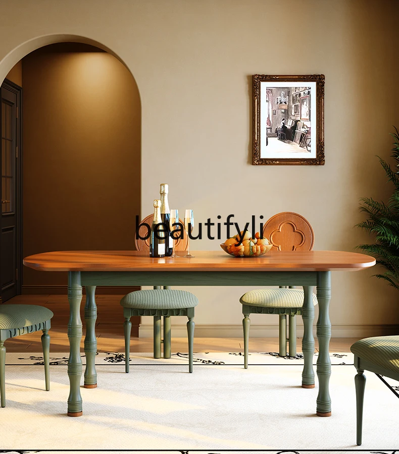 Solid wood dining table, French retro, household simple antique dining table green rectangle
Solid wood dining table, French retro, household simple antique dining table green rectangle