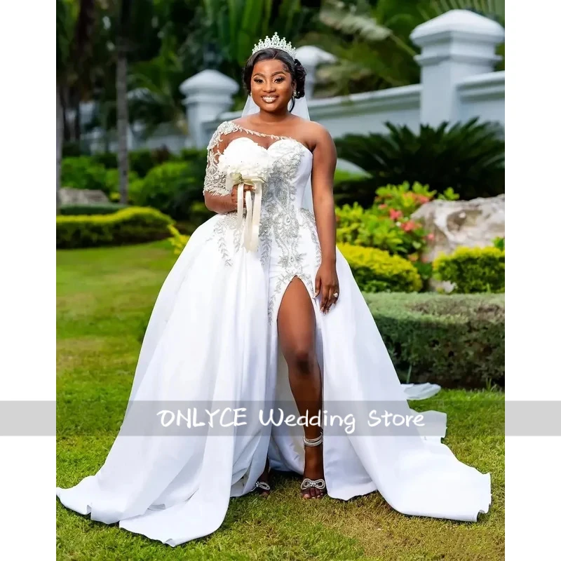 Custom One Shoulder Side Split Mermaid Wedding Dresses With Detachable Train Bridal Gowns for African Black Women
Custom One Shoulder Side Split Mermaid Wedding Dresses With Detachable Train Bridal Gowns for African Black Women
