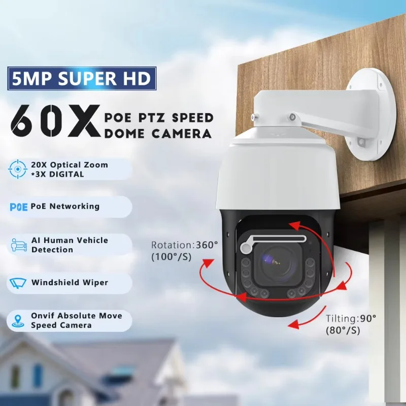5MP 60X PTZ POE IP Speed Dome Camera (20X Optical*3X Digital) Zoom AI Dual Light Audio Security CCTV 4k Camera Outdoor
5MP 60X PTZ POE IP Speed Dome Camera (20X Optical*3X Digital) Zoom AI Dual Light Audio Security CCTV 4k Camera Outdoor