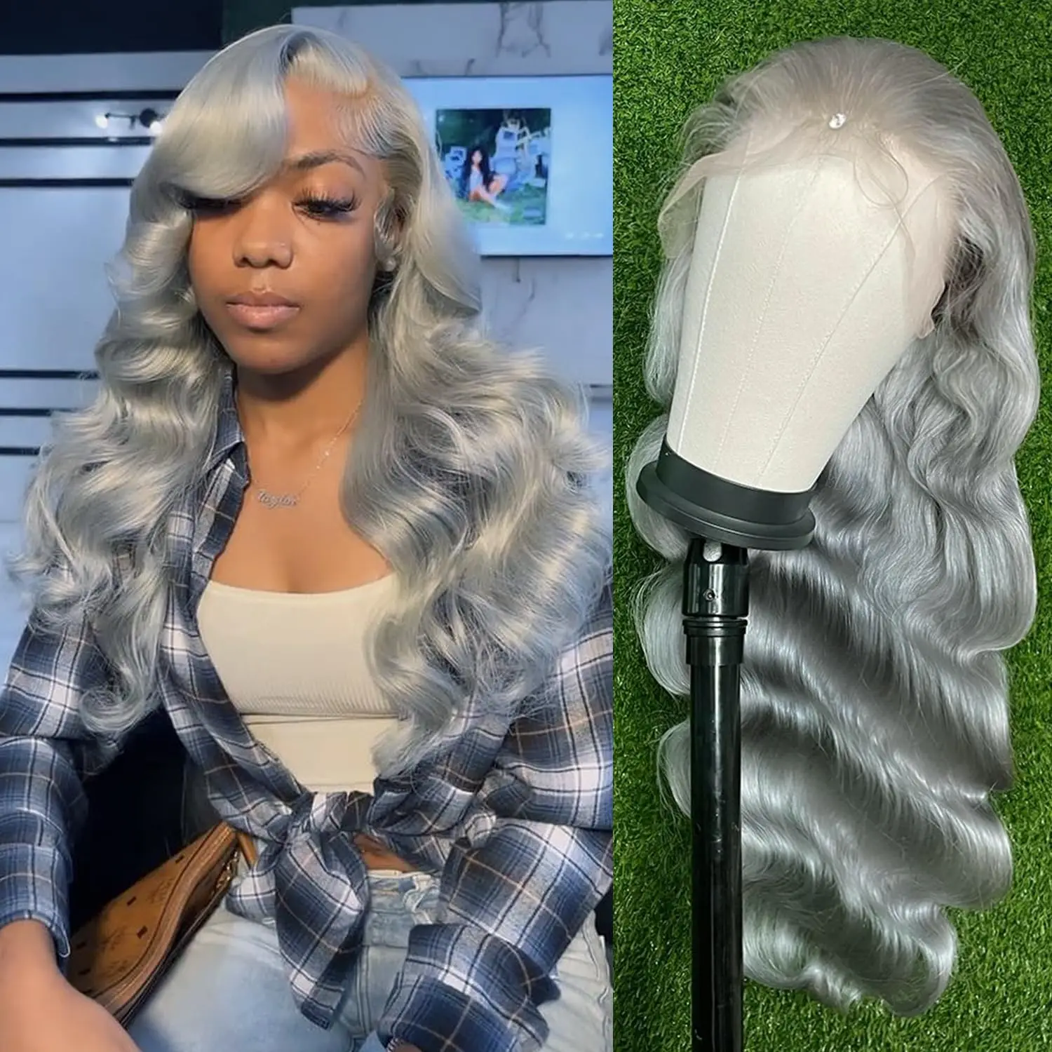 Grey Lace Front Wig Human Hair Pre Plucked Body Wave Lace Frontal Wig Human Hair 13X4 Transparent Lace Frontal Wig For Women 
Grey Lace Front Wig Human Hair Pre Plucked Body Wave Lace Frontal Wig Human Hair 13X4 Transparent Lace Frontal Wig For Women