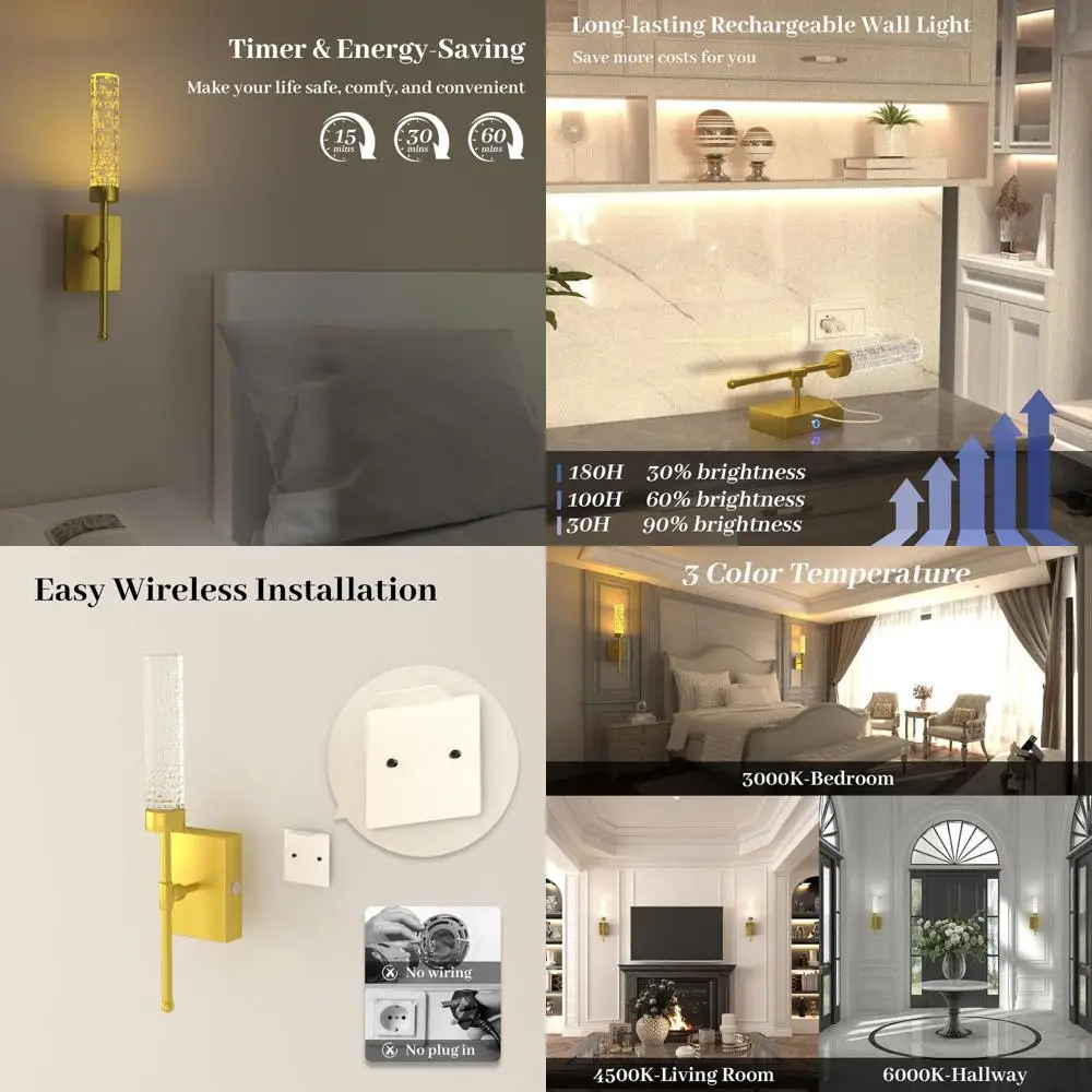 Set of 2 Wireless Brass Wall Sconces, 3-Color Adjustable, Dimmable, Rechargeable with Remote, Timer, Crystal Light Pole, No Wiri
Set of 2 Wireless Brass Wall Sconces, 3-Color Adjustable, Dimmable, Rechargeable with Remote, Timer, Crystal Light Pole, No Wiri