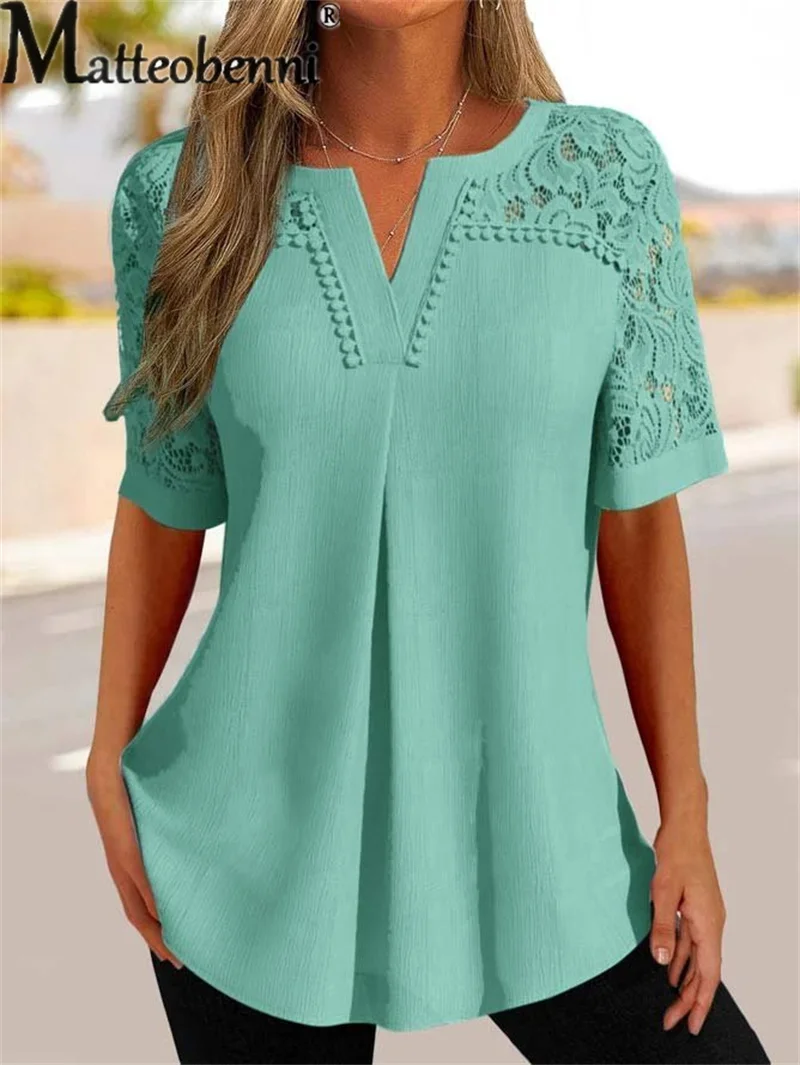 Summer Hollow Out Lace Short Sleeve T-Shirt Ladies Solid Color V Neck Pullover Top Women Elegant Comfortable Casual Pleated Tees
Summer Hollow Out Lace Short Sleeve T-Shirt Ladies Solid Color V Neck Pullover Top Women Elegant Comfortable Casual Pleated Tees