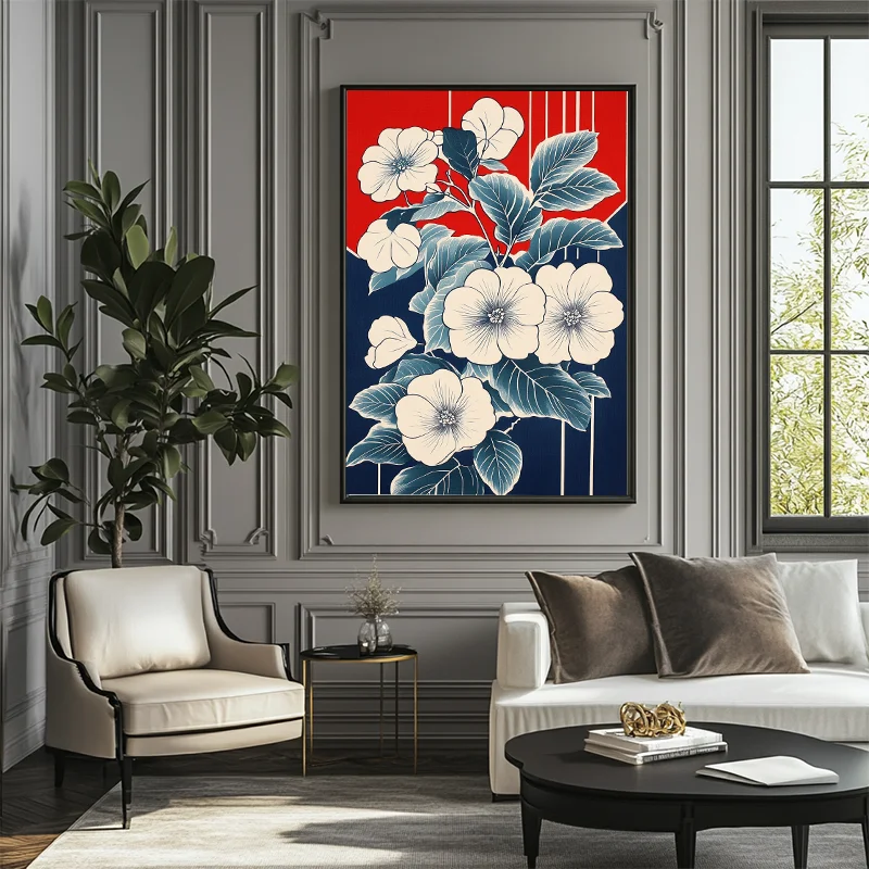 Vintage Japanese Style Block Print Wall Art Blue Red with White Flowers and Geometric Shapes for Living Room Home Decor
Vintage Japanese Style Block Print Wall Art Blue Red with White Flowers and Geometric Shapes for Living Room Home Decor