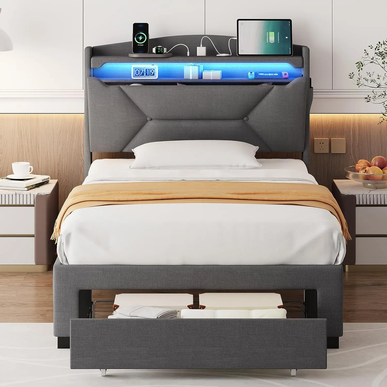 Twin Upholstered Platform Bed Frame Storage Headboard Drawers USB Charging LED Lights Easy Assembly Grey, Customized
Twin Upholstered Platform Bed Frame Storage Headboard Drawers USB Charging LED Lights Easy Assembly Grey, Customized