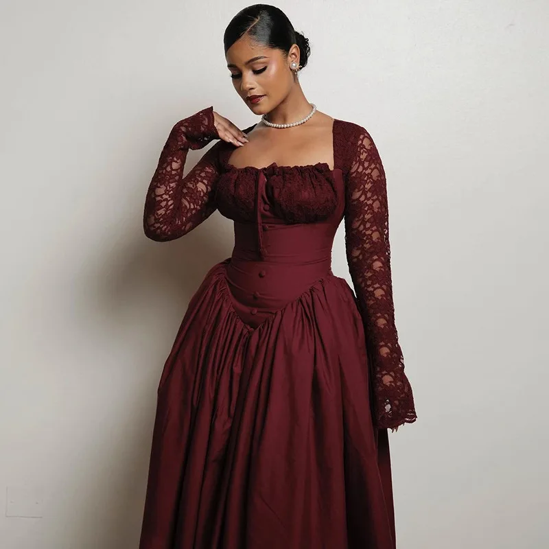 New temperament square neck lace long sleeve waist solid color medium and long dress fashionable simple and versatile elegant ho
New temperament square neck lace long sleeve waist solid color medium and long dress fashionable simple and versatile elegant ho