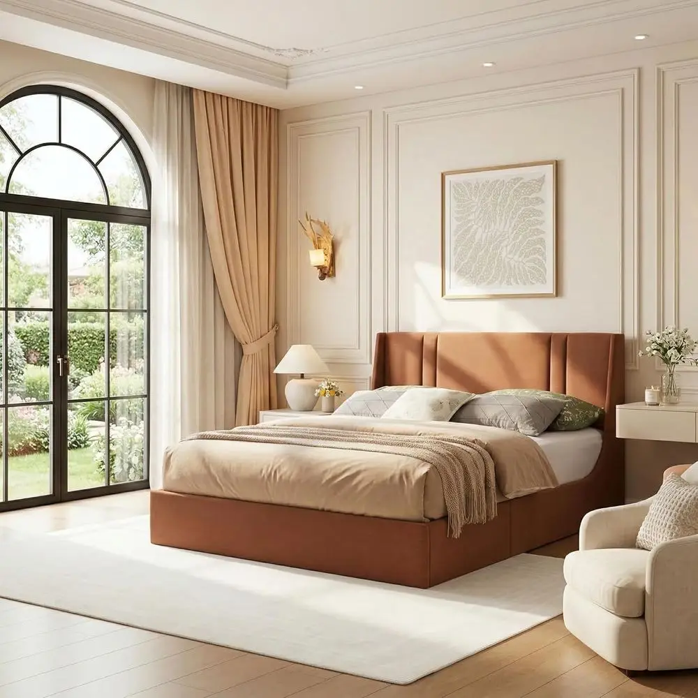 Queen Size Illuminated Storage Bed, Hydraulic Platform with 41.7 Fabric Wingback Headboard, No Box Spring Required, Ocher
Queen Size Illuminated Storage Bed, Hydraulic Platform with 41.7 Fabric Wingback Headboard, No Box Spring Required, Ocher