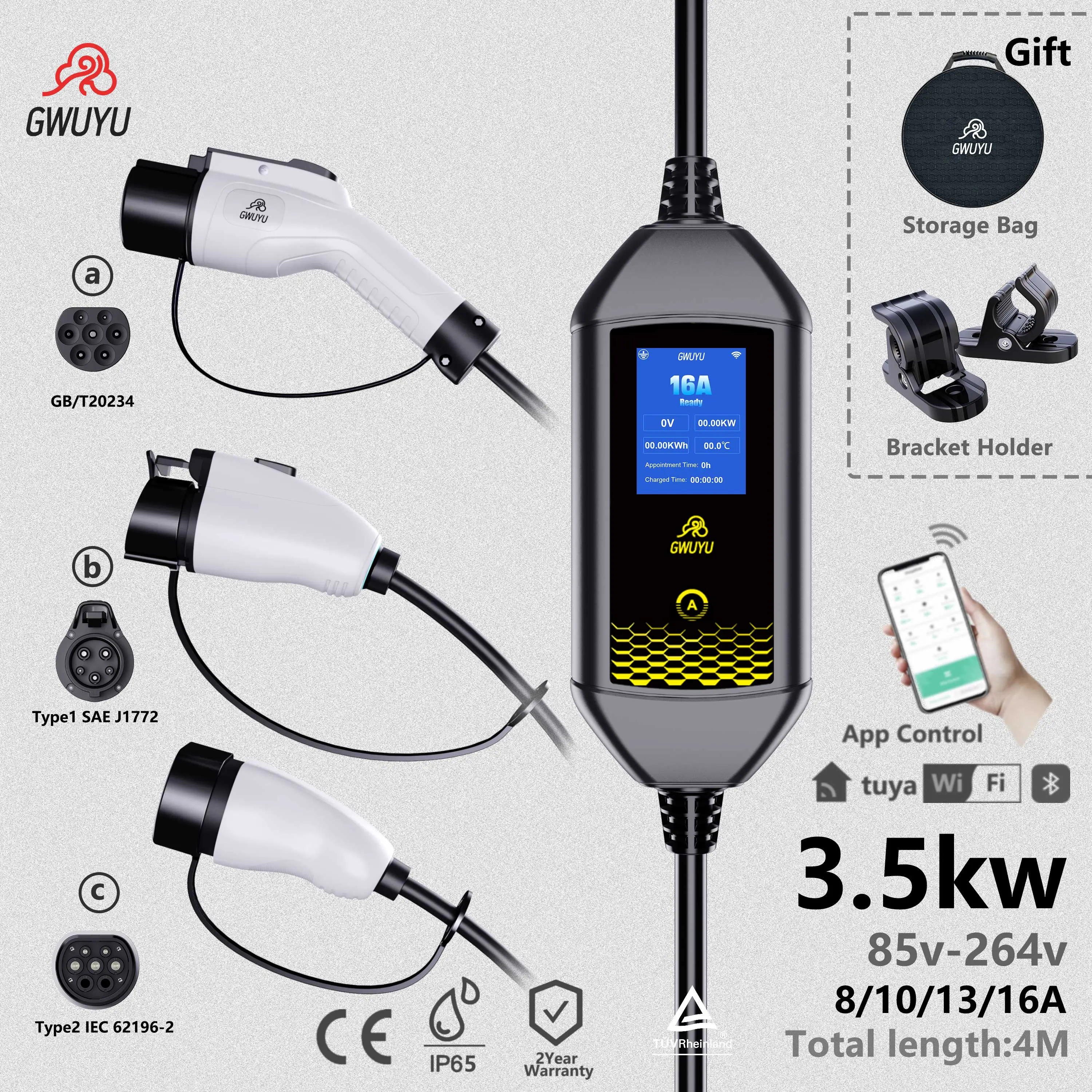 GWUYU Type2/Type1/GBT Standard 3.5kW Portable EV Charger, APP Enabled, IP65 Waterproof, Home & RV Ready
GWUYU Type2/Type1/GBT Standard 3.5kW Portable EV Charger, APP Enabled, IP65 Waterproof, Home & RV Ready