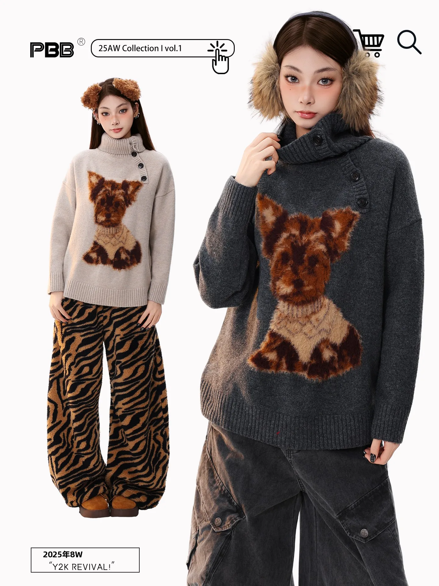 PBB American Retro Knitted Sweater Women's Lazy Style Warm Loose Winter Stand Collar Sweater with Side Button Furry Dog Design
PBB American Retro Knitted Sweater Women's Lazy Style Warm Loose Winter Stand Collar Sweater with Side Button Furry Dog Design