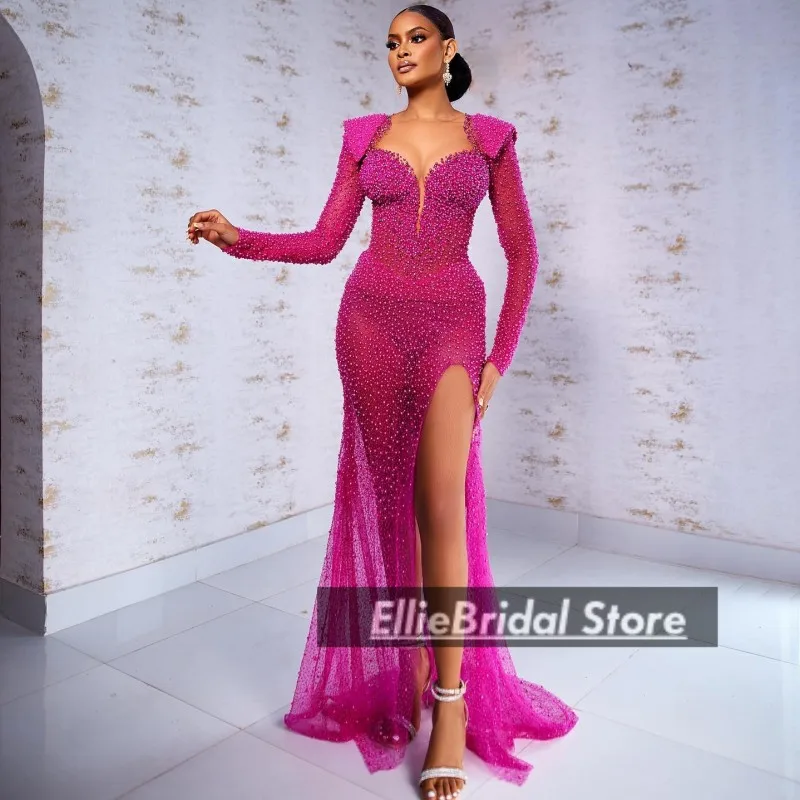 Fuchsia Pink Evening Dresses Long Sleeves Pearls Crystal Mermaid Wedding Reception Dress African Split Party Outfit Customized
Fuchsia Pink Evening Dresses Long Sleeves Pearls Crystal Mermaid Wedding Reception Dress African Split Party Outfit Customized