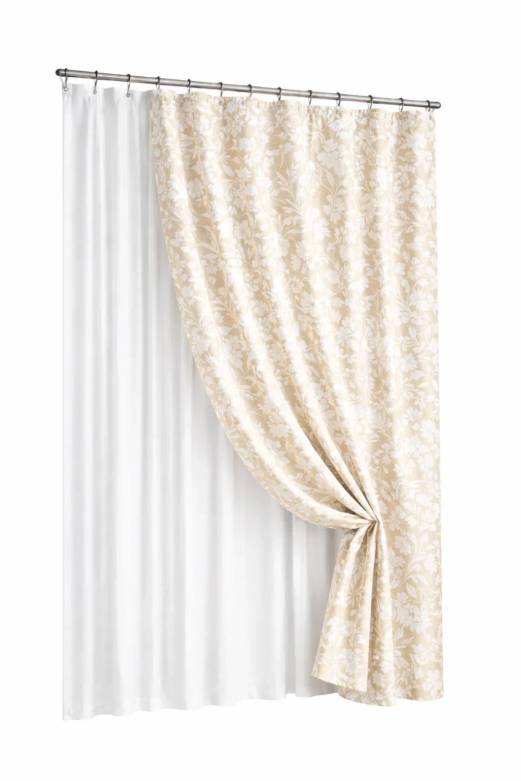 Beige floral matelasse shower curtain with clear heavyweight liner for bathroom decor and water protection
Beige floral matelasse shower curtain with clear heavyweight liner for bathroom decor and water protection