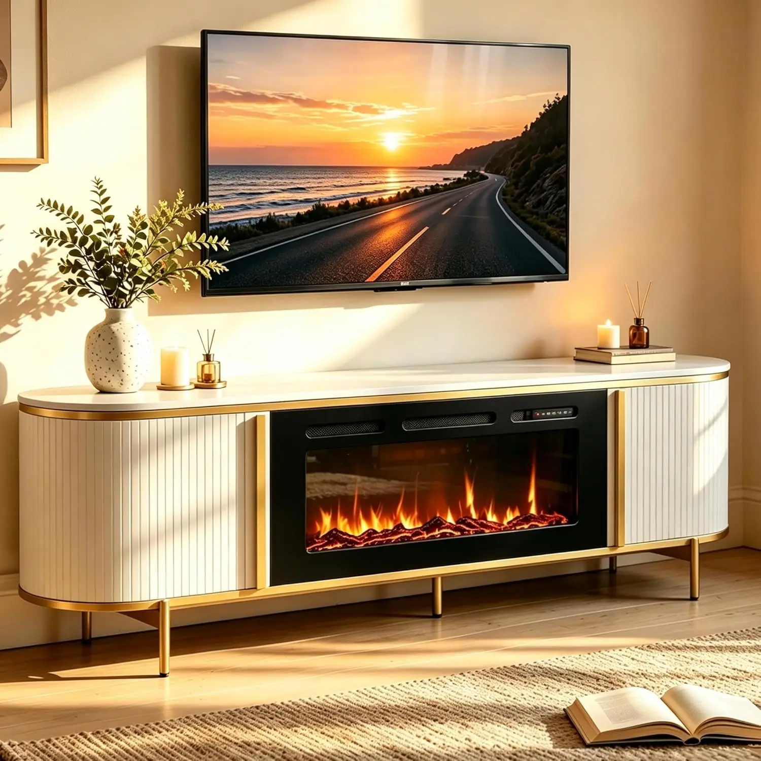 80' Modern TV Stand with Fluted Design, White Console for Living Room, Black Fireplace Accent
80' Modern TV Stand with Fluted Design, White Console for Living Room, Black Fireplace Accent