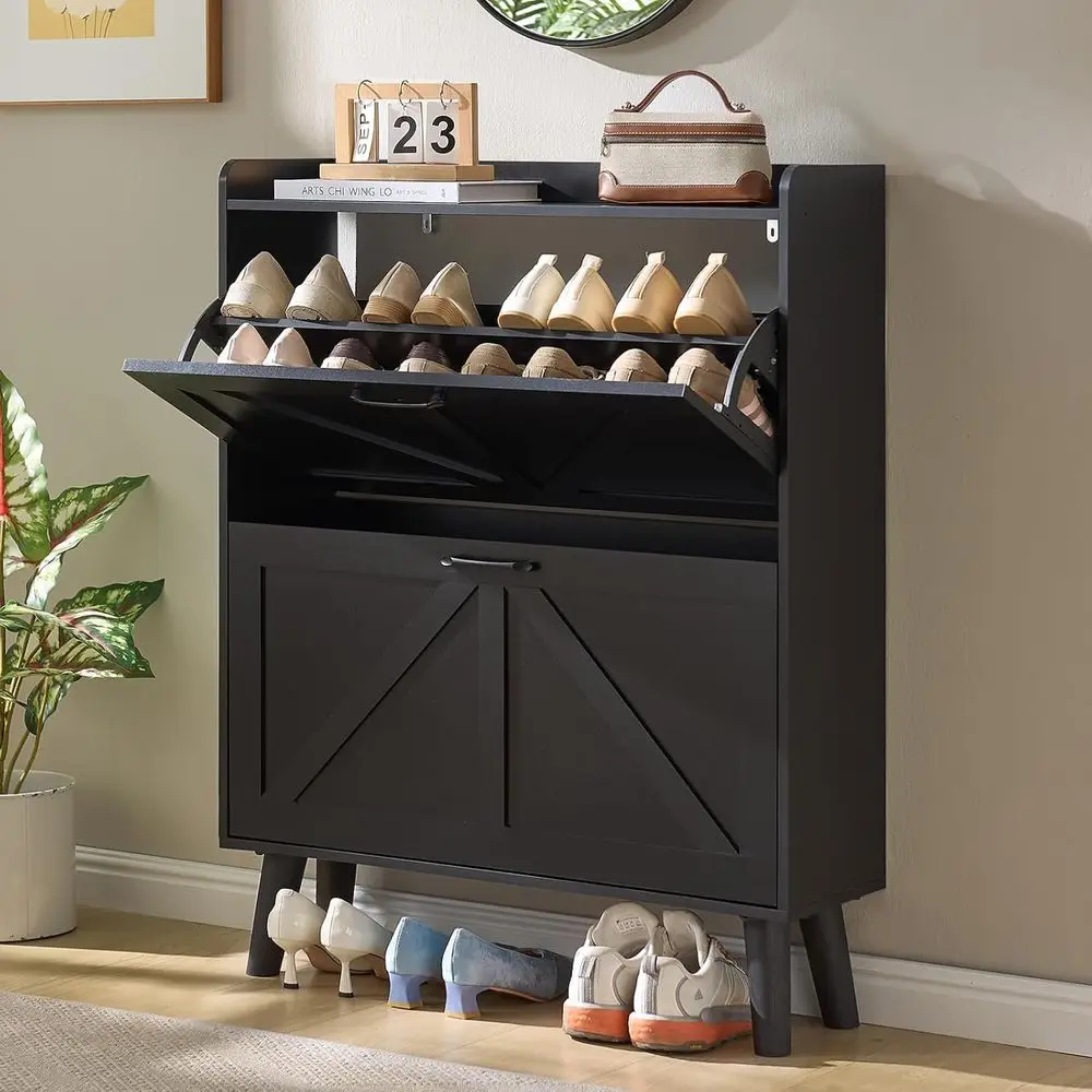 Narrow Slim Shoe Storage Cabinet with 2-tier Rack for Entryway in Black Wooden Furniture
Narrow Slim Shoe Storage Cabinet with 2-tier Rack for Entryway in Black Wooden Furniture