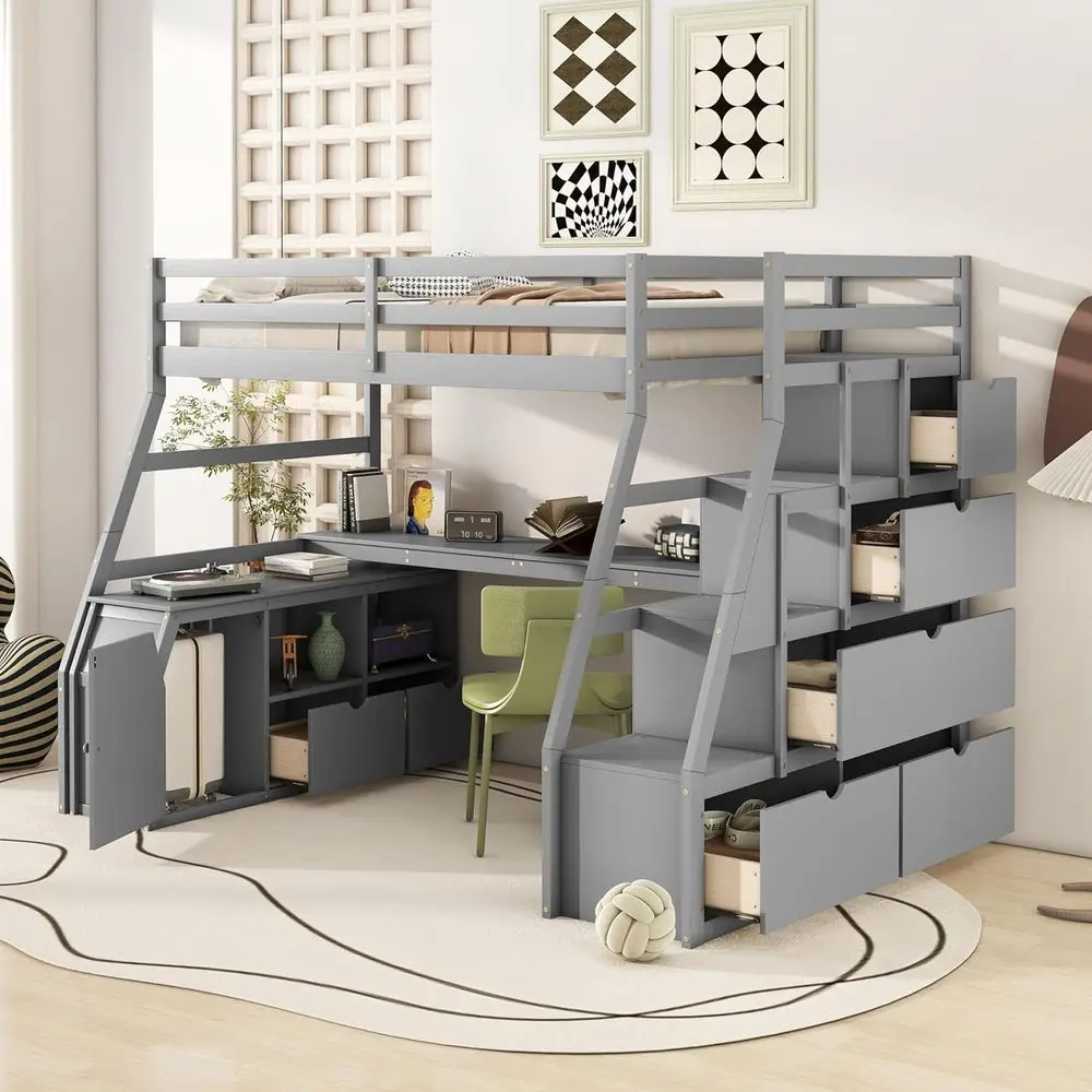 Twin Size Loft Bed with Stairs, Desk, and Storage for Kids in Grey
Twin Size Loft Bed with Stairs, Desk, and Storage for Kids in Grey