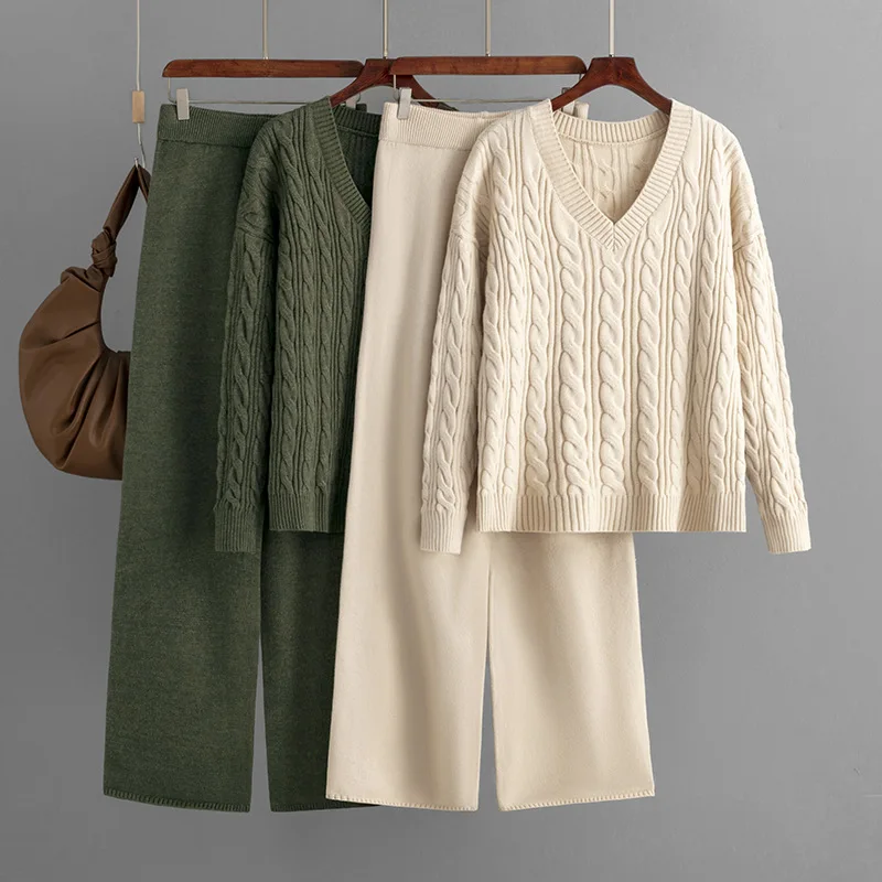 Autumn Casual Wide Leg Pants Suit Women Sweater Winter New Fashion Tracksuit Women Twist V-neck Knitted Sweater Female Two Piece
Autumn Casual Wide Leg Pants Suit Women Sweater Winter New Fashion Tracksuit Women Twist V-neck Knitted Sweater Female Two Piece
