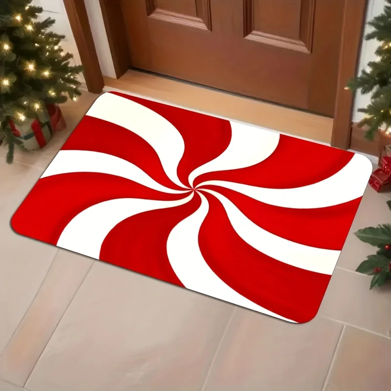 Red and white candy cane pattern floor mat, made of polyester fabric, machine washable, suitable for bedrooms and bathrooms.
Red and white candy cane pattern floor mat, made of polyester fabric, machine washable, suitable for bedrooms and bathrooms.