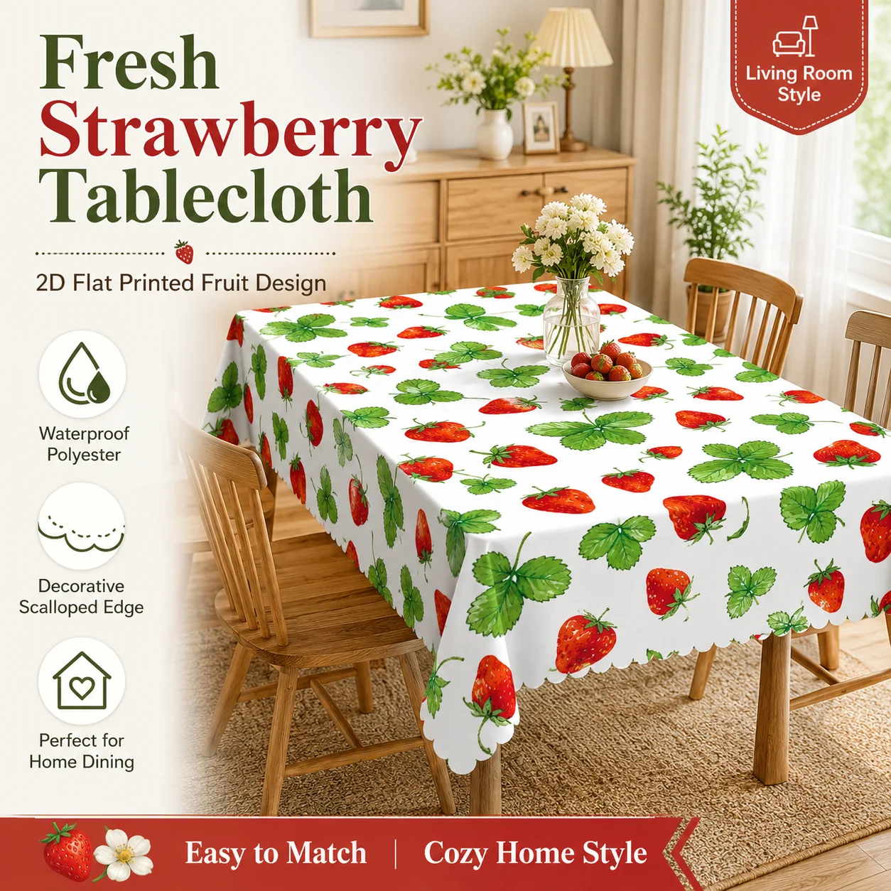 Fresh Strawberry Waterproof Polyester Tablecloth 2D Flat Printed Fruit Table Cover For Home Dining Kitchen Party Decoration
Fresh Strawberry Waterproof Polyester Tablecloth 2D Flat Printed Fruit Table Cover For Home Dining Kitchen Party Decoration
