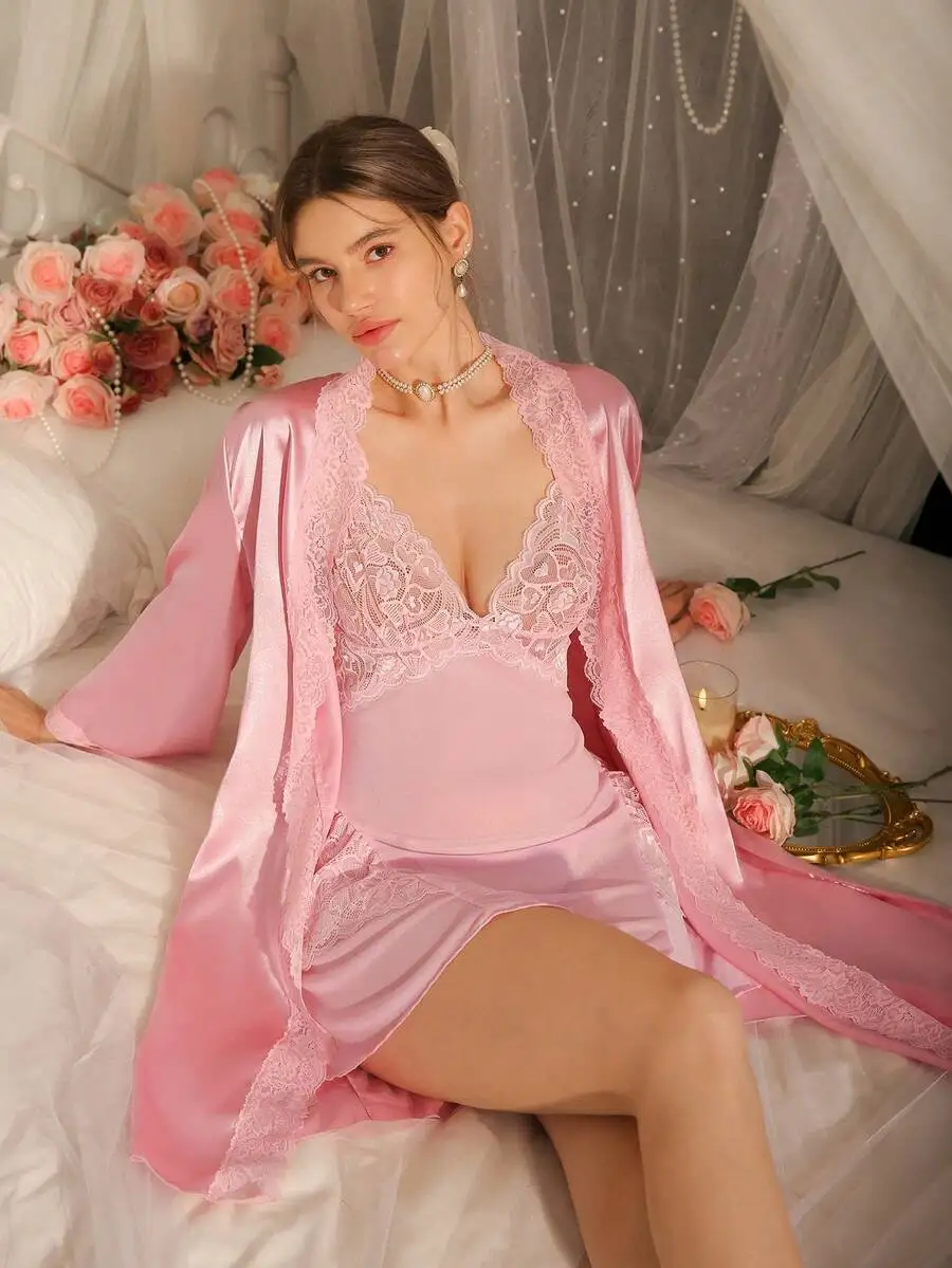Pink Lace Satin Sleepwear Set With Robe Romantic Lingerie For Women
Pink Lace Satin Sleepwear Set With Robe Romantic Lingerie For Women