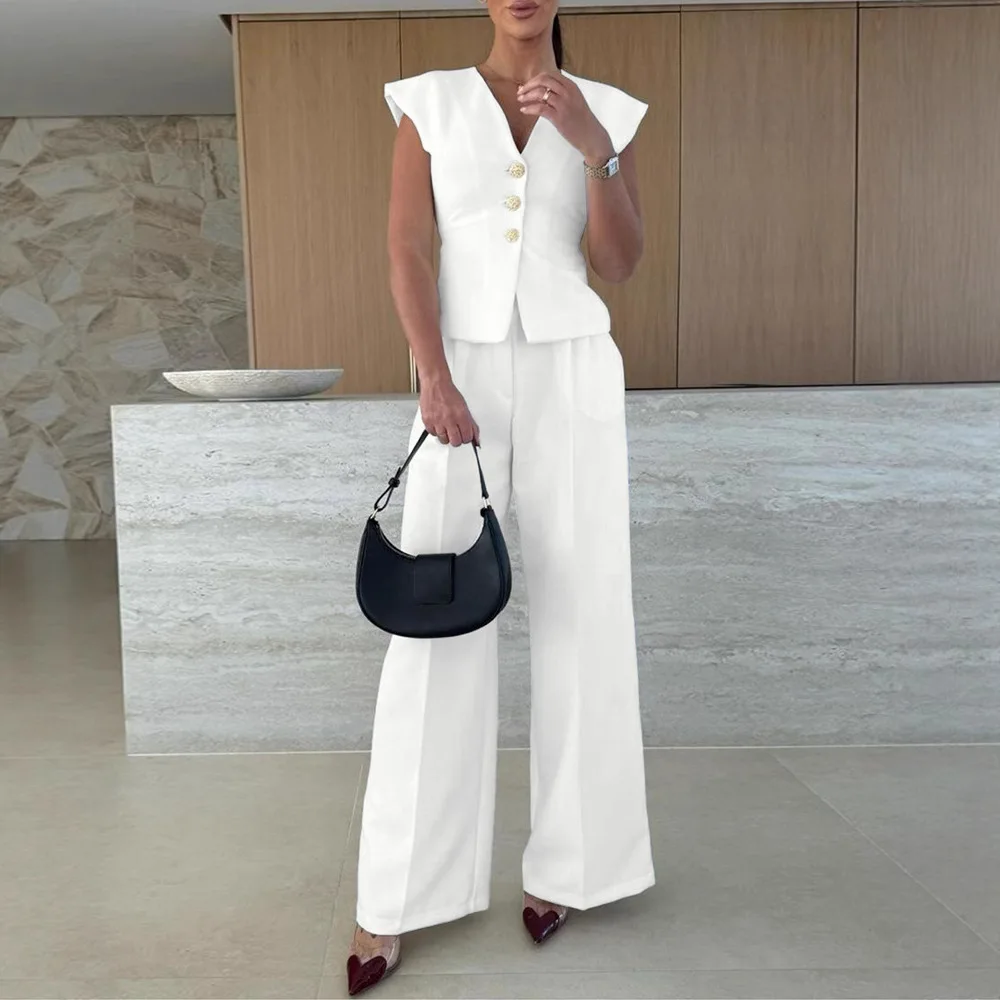 2 Pieces Outfit Sleeveless V-Neck Sim Fit Blazer Vest and Casual High Waist Wide Leg Pants Set
2 Pieces Outfit Sleeveless V-Neck Sim Fit Blazer Vest and Casual High Waist Wide Leg Pants Set