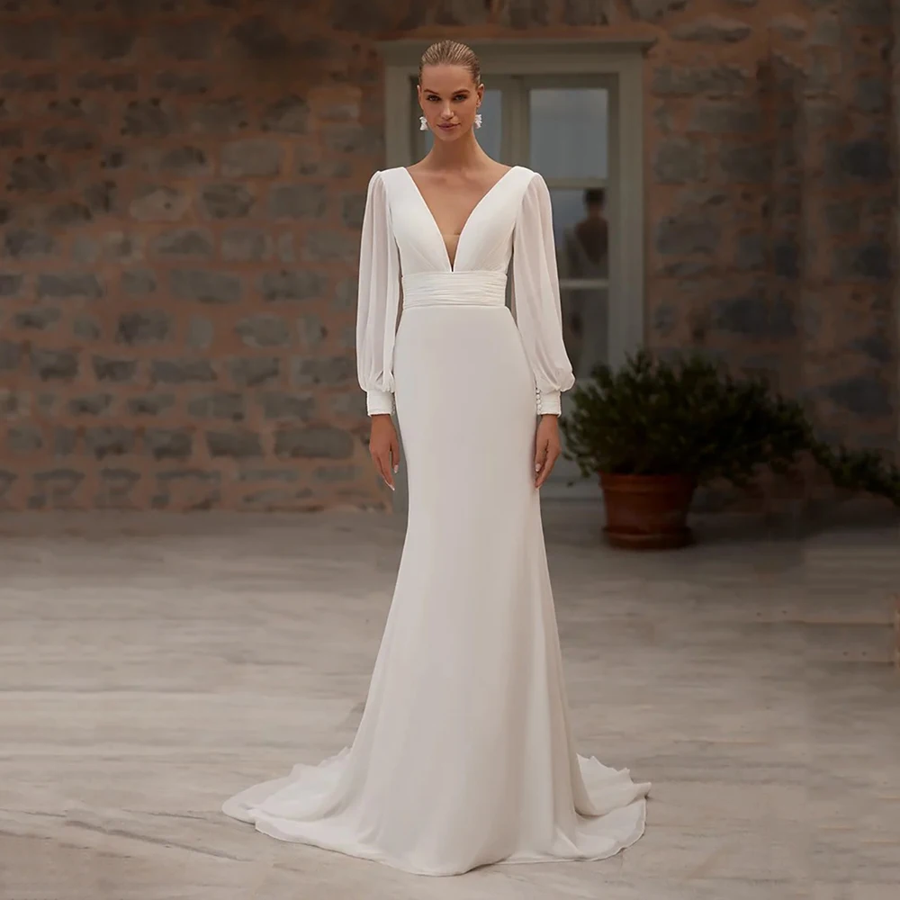 Elegant V Neck Long Sleeve Bridal Dresses Pleated Mermaid Bridal Gown Backless Simple Wedding Dresses For Bride Customized
Elegant V Neck Long Sleeve Bridal Dresses Pleated Mermaid Bridal Gown Backless Simple Wedding Dresses For Bride Customized