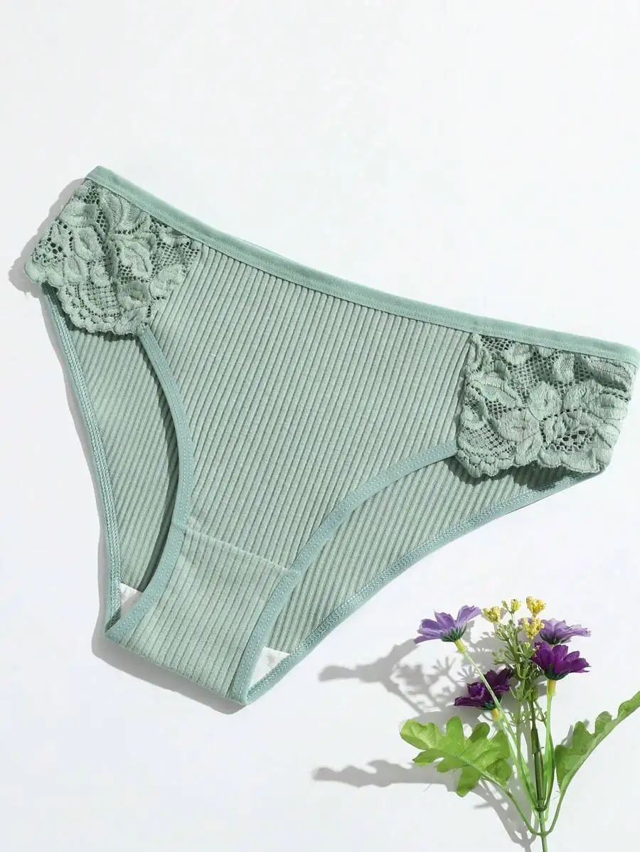 Womens Low Waist Ribbed Triangle Panties With Lace Trim Solid Color Breathable Underwear
Womens Low Waist Ribbed Triangle Panties With Lace Trim Solid Color Breathable Underwear