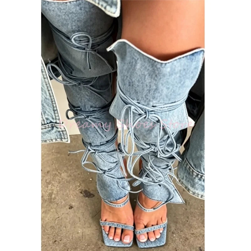 Blue Denim Lace Up Open Toe Hollow Sandals Boots Women Solid Strappy Leather Thigh High Boots Sexy Hot Chick Party Summer Shoes
Blue Denim Lace Up Open Toe Hollow Sandals Boots Women Solid Strappy Leather Thigh High Boots Sexy Hot Chick Party Summer Shoes
