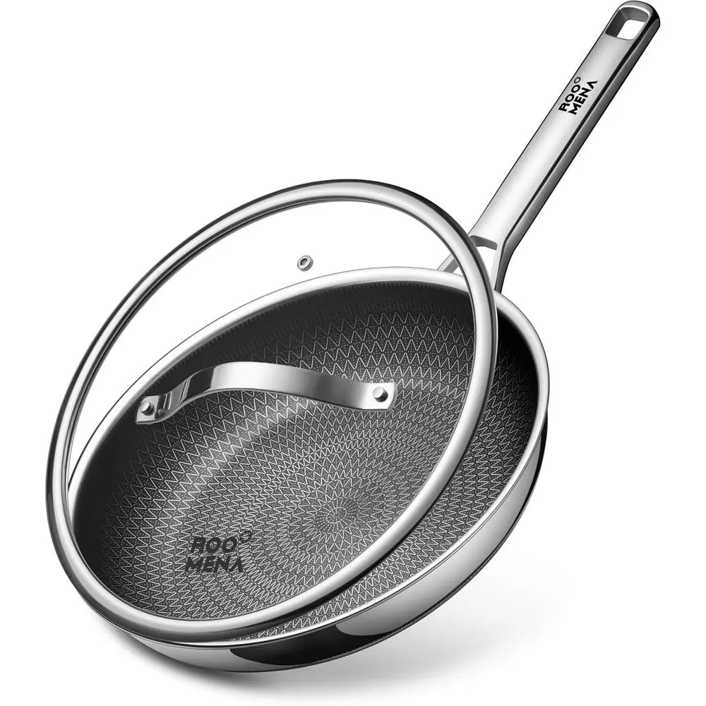 Non Stick Frying Pans Hybrid Ceramic With Lid, 12 Inch Tri-Ply Stainless Steel Skillet, Non-Toxic, PFOA/PTFE Free, Metal Utensil
Non Stick Frying Pans Hybrid Ceramic With Lid, 12 Inch Tri-Ply Stainless Steel Skillet, Non-Toxic, PFOA/PTFE Free, Metal Utensil