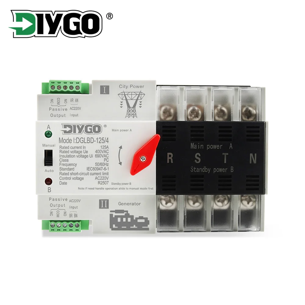 Three Phase 125A Din Rail ATS Dual Power Automatic Transfer Switch 4P Electrical Selector Uninterrupted Power Generator 50/60Hz
Three Phase 125A Din Rail ATS Dual Power Automatic Transfer Switch 4P Electrical Selector Uninterrupted Power Generator 50/60Hz