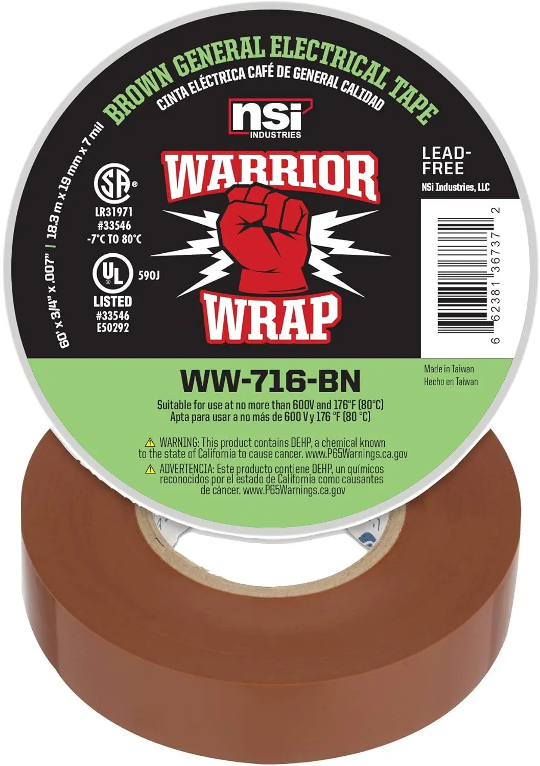 3/4 in. x 60 ft. 7 mil Vinyl Electrical Tape, Brown - All-Weather Protection
3/4 in. x 60 ft. 7 mil Vinyl Electrical Tape, Brown - All-Weather Protection