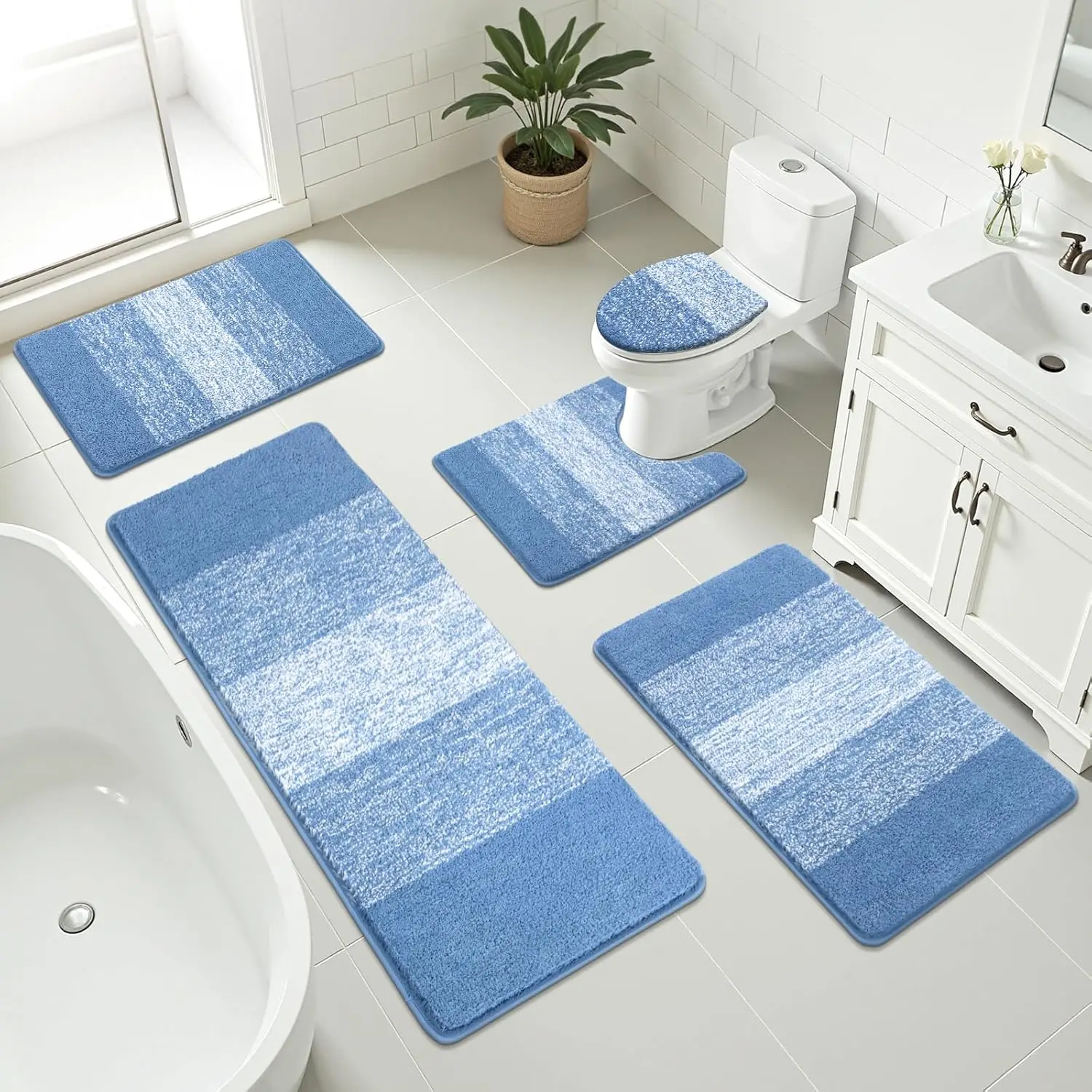 5 Piece Soft Absorbent Microfiber Bathroom Rug Set with U-Shaped Contour Rug and Toilet Lid Cover, Non-Slip Shaggy Mat, Blue
5 Piece Soft Absorbent Microfiber Bathroom Rug Set with U-Shaped Contour Rug and Toilet Lid Cover, Non-Slip Shaggy Mat, Blue