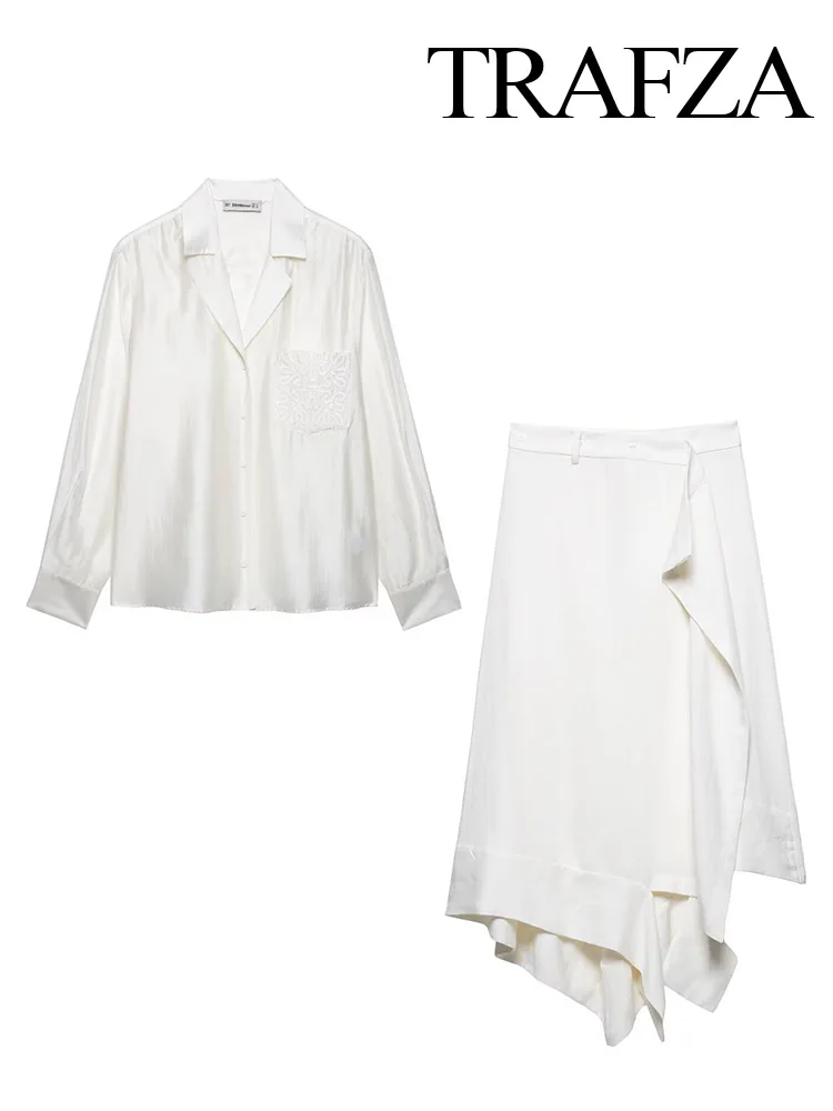 TRAFZA Women's Long Sleeves Lapel Button Embroidery Pocket Decorate Casual Shirt+New Fashion Asymmetry Wrinkles Skirt Suit
TRAFZA Women's Long Sleeves Lapel Button Embroidery Pocket Decorate Casual Shirt+New Fashion Asymmetry Wrinkles Skirt Suit