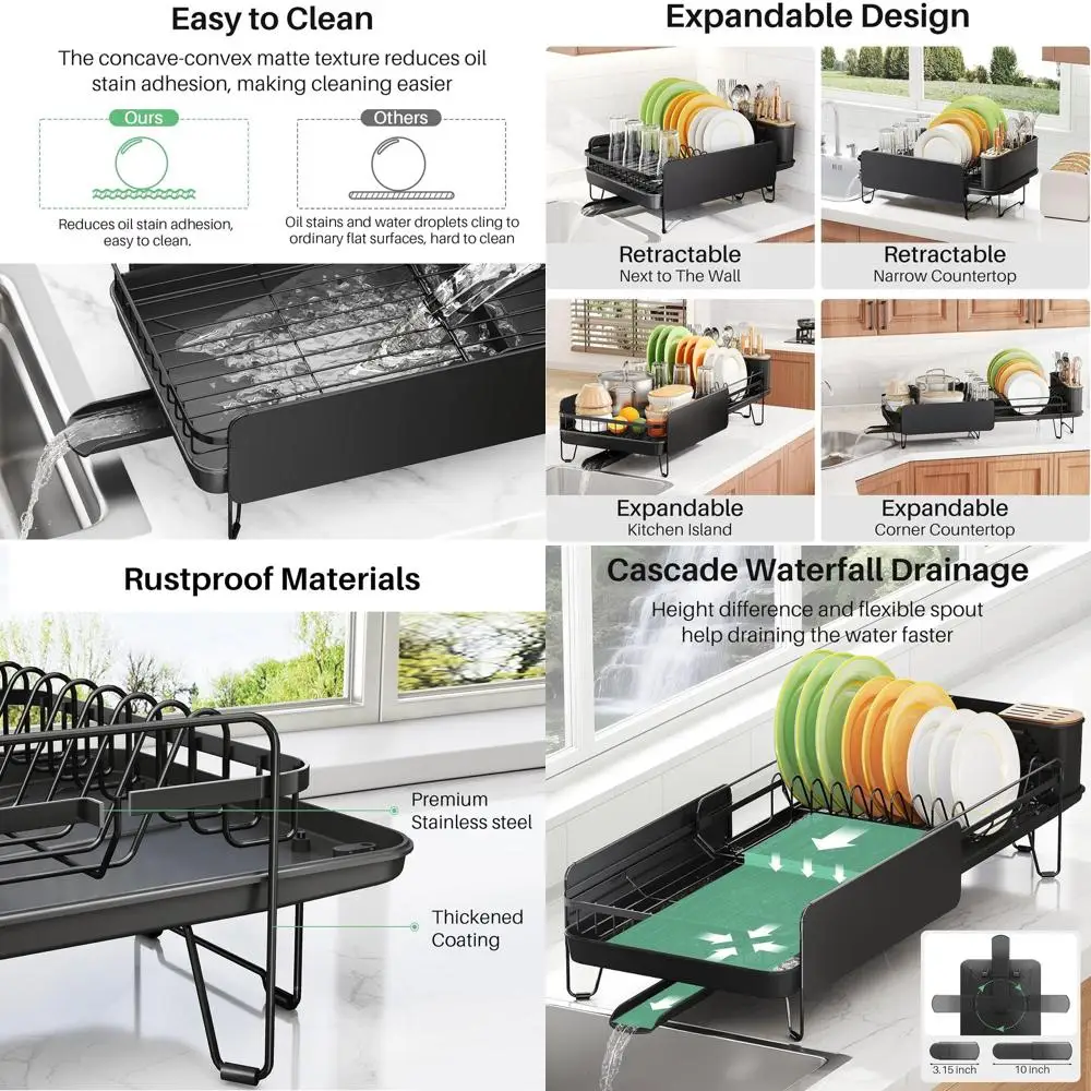 Expandable Stainless Steel Dish Rack with Cutlery Holder for Kitchen Counter, Large Capacity, Black
Expandable Stainless Steel Dish Rack with Cutlery Holder for Kitchen Counter, Large Capacity, Black