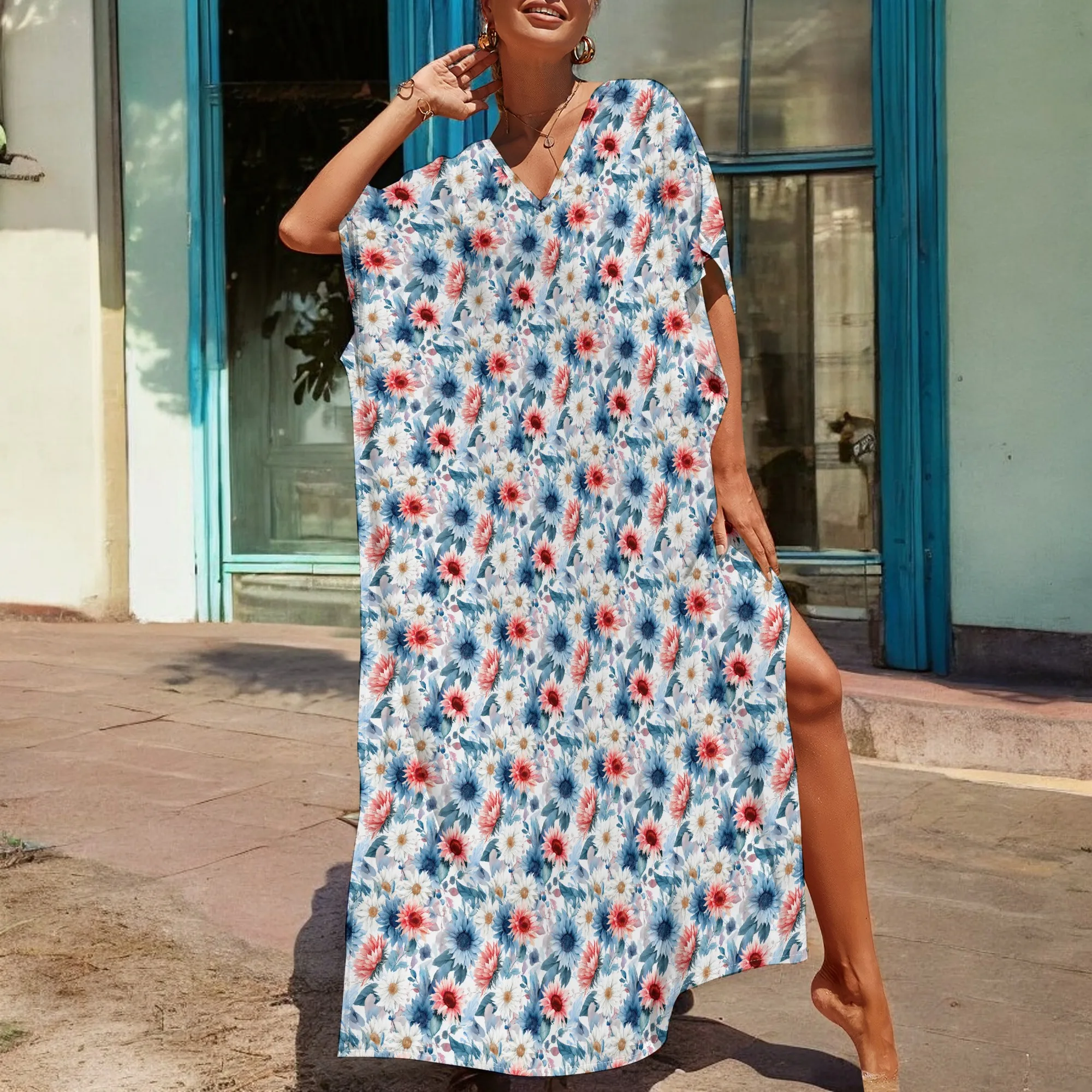 Retro Floral Print Kaftan Dress Blue Red Daisy V-Neck Maxi Boho Dress for Women Spring Picnic or Vacation Wear
Retro Floral Print Kaftan Dress Blue Red Daisy V-Neck Maxi Boho Dress for Women Spring Picnic or Vacation Wear