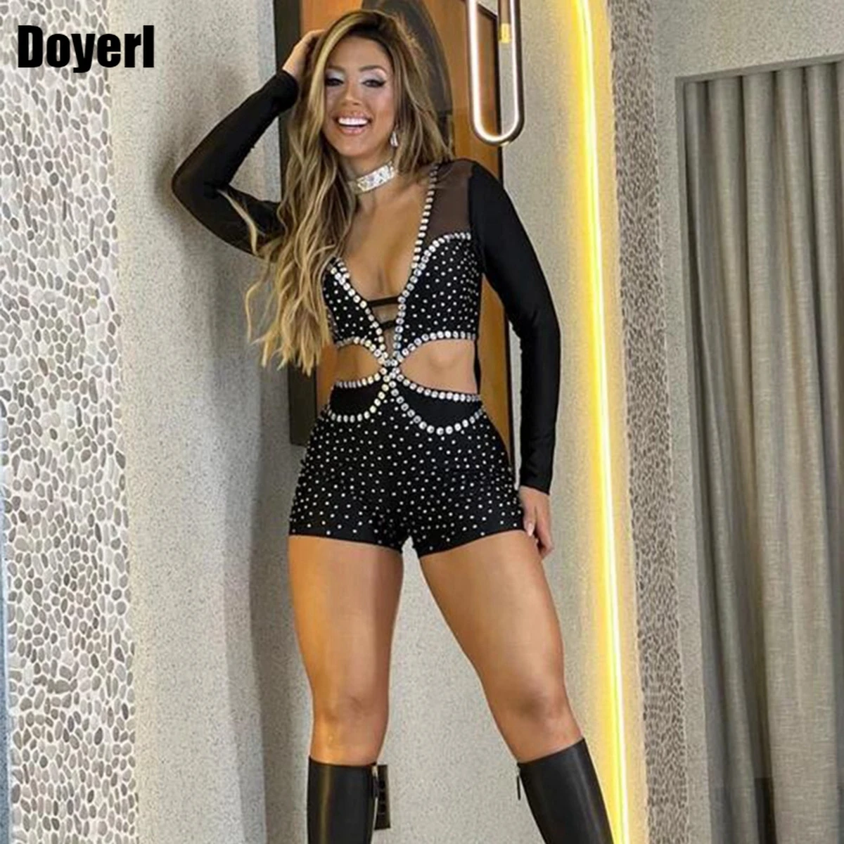 Party Rhinestone Jumpsuit Women 2023 High Quality Luxury Sparkly Short Bodycon Romper Black Cut Out Long Sleeve Club Jumpsuit
Party Rhinestone Jumpsuit Women 2023 High Quality Luxury Sparkly Short Bodycon Romper Black Cut Out Long Sleeve Club Jumpsuit