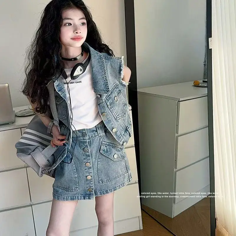New Girls Summer 2 Pcs Set Heavy Craft Sleeveless Denim Vest & High Waist Skirt for 120-170CM
New Girls Summer 2 Pcs Set Heavy Craft Sleeveless Denim Vest & High Waist Skirt for 120-170CM