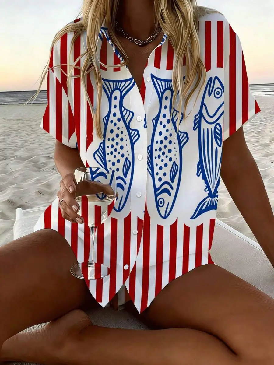 Womens Plus Size Nautical Fish Print Loose Shirt And Shorts Set Casual Vacation Outfit
Womens Plus Size Nautical Fish Print Loose Shirt And Shorts Set Casual Vacation Outfit