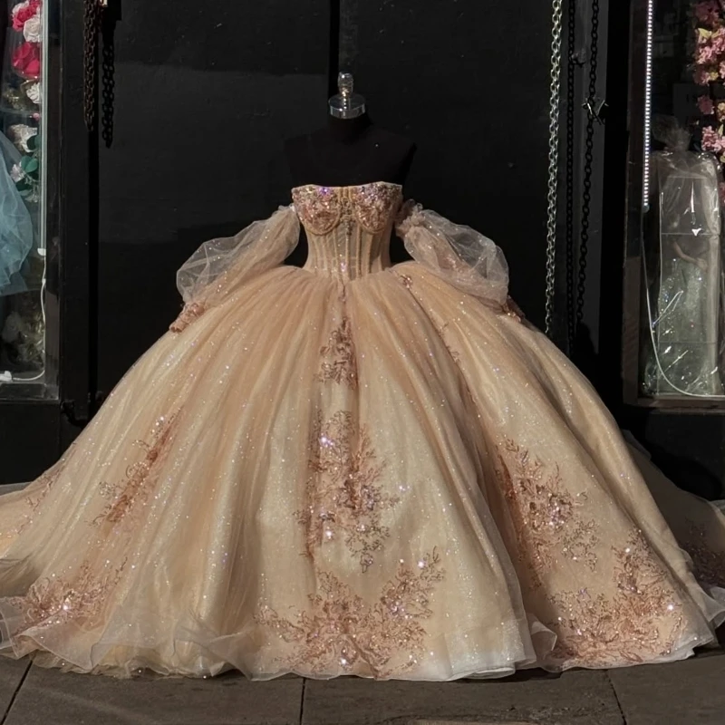 Champagne Quinceanera Dresses Ball Gown Off Shoulder Appliques Lace Beads Tull Puff Sleeve Birthday Party Sweet 16 Dress Vestido
Champagne Quinceanera Dresses Ball Gown Off Shoulder Appliques Lace Beads Tull Puff Sleeve Birthday Party Sweet 16 Dress Vestido