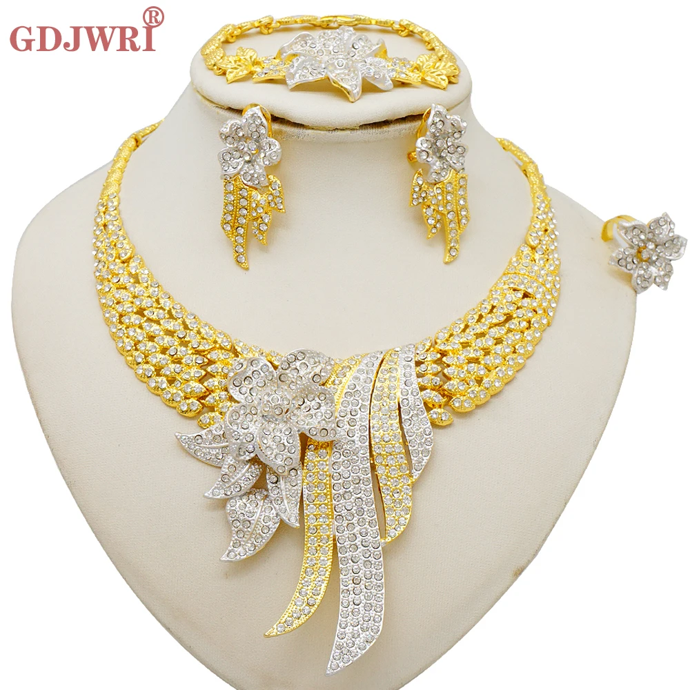 Dubai Gold Color Jewelry Sets Luxury Gold Color Plated Women Two Tone Necklaces Earrings Ring Bracelet Wedding Party Accessories
Dubai Gold Color Jewelry Sets Luxury Gold Color Plated Women Two Tone Necklaces Earrings Ring Bracelet Wedding Party Accessories
