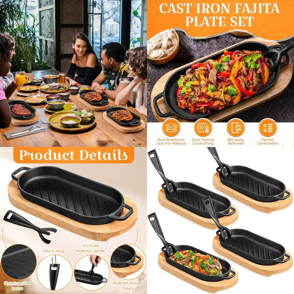 4-Piece Cast Iron Fajita Skillet Set with Wooden Stand & Removable Handle for Steaks & Grilling (8.66x4.33 Inches)
4-Piece Cast Iron Fajita Skillet Set with Wooden Stand & Removable Handle for Steaks & Grilling (8.66x4.33 Inches)