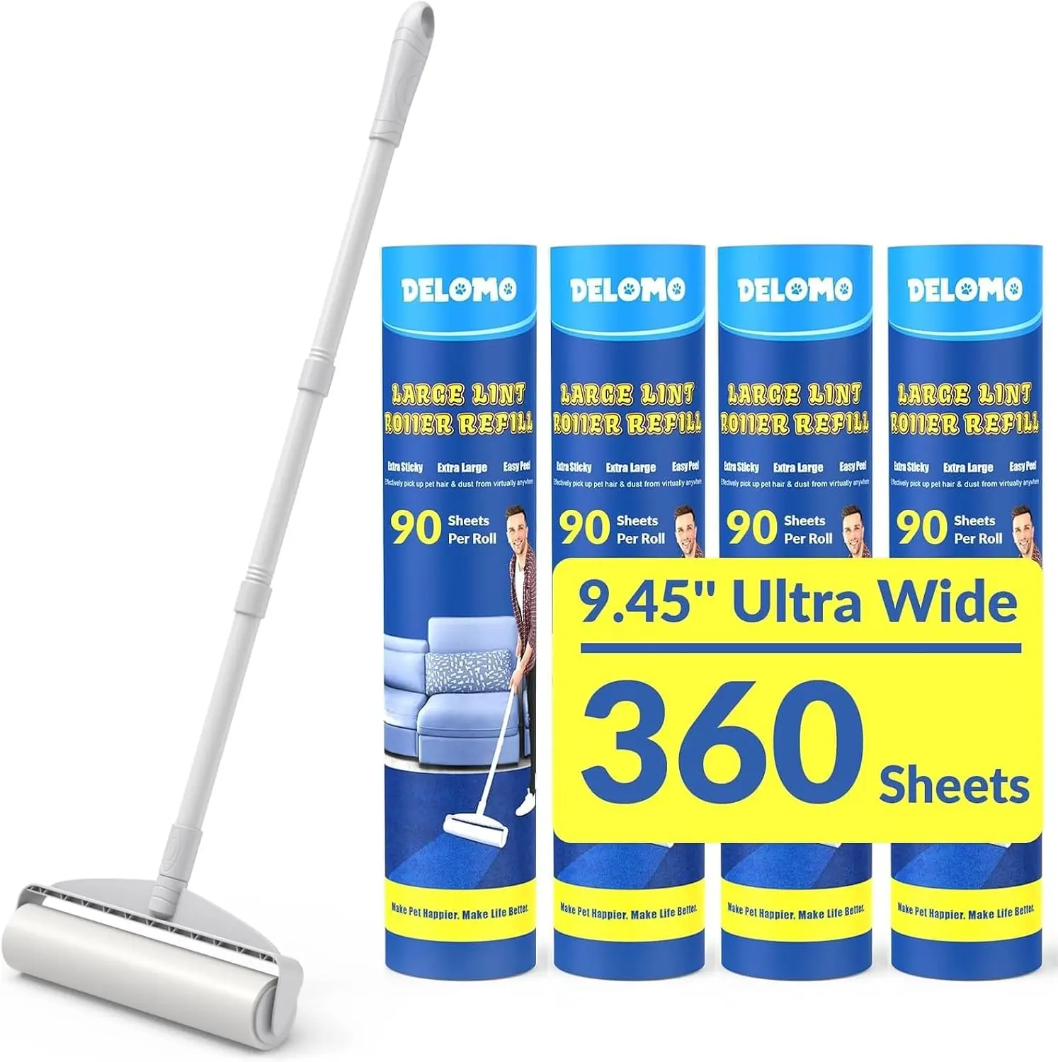 Large 9.45in Lint Roller with 45in Extendable Handle, 360 Sheets, Extra Sticky for Pet Hair, Carpet, Floor, Furniture
Large 9.45in Lint Roller with 45in Extendable Handle, 360 Sheets, Extra Sticky for Pet Hair, Carpet, Floor, Furniture
