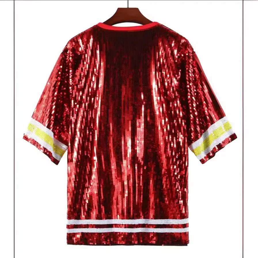 Loose Letters Cartoon Split Joint Short Sleeve Shinny Sequins T Shirt Streetwear Baseball Tshirt #0223 Red Hip Hop T Shirt Women
Loose Letters Cartoon Split Joint Short Sleeve Shinny Sequins T Shirt Streetwear Baseball Tshirt #0223 Red Hip Hop T Shirt Women