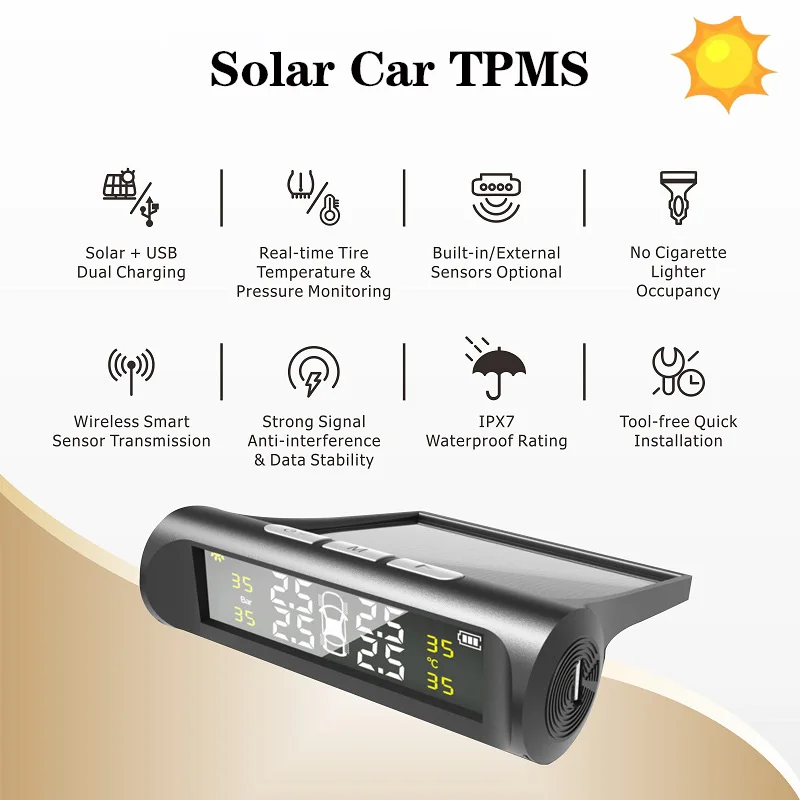 Solar Wireless Tire Pressure Monitoring System TPMS Auto Security Alarm Device With 4 sensors Temperature Warning
Solar Wireless Tire Pressure Monitoring System TPMS Auto Security Alarm Device With 4 sensors Temperature Warning