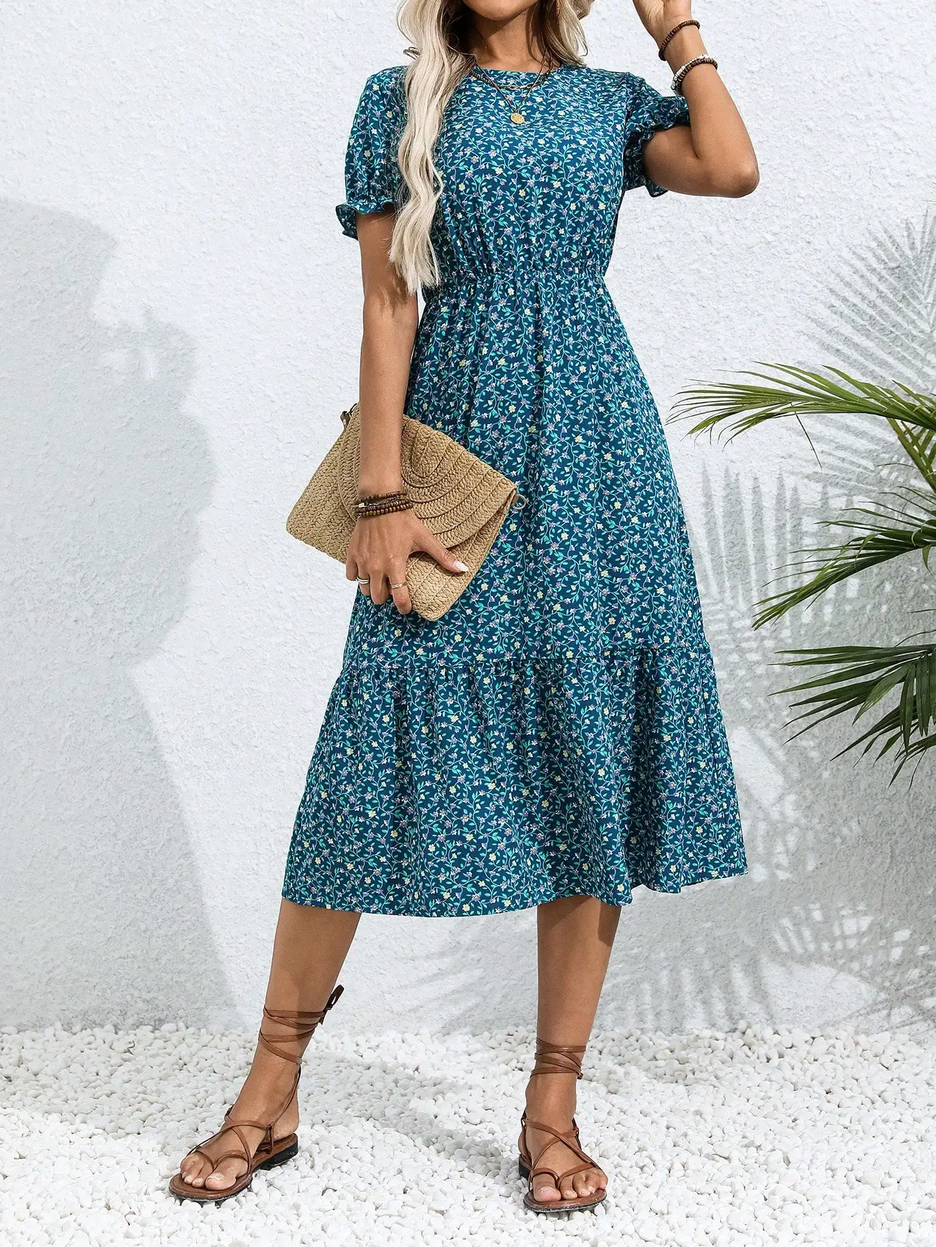 Floral Print Short Sleeve Tiered Midi Dress With Ruffle Sleeves
Floral Print Short Sleeve Tiered Midi Dress With Ruffle Sleeves