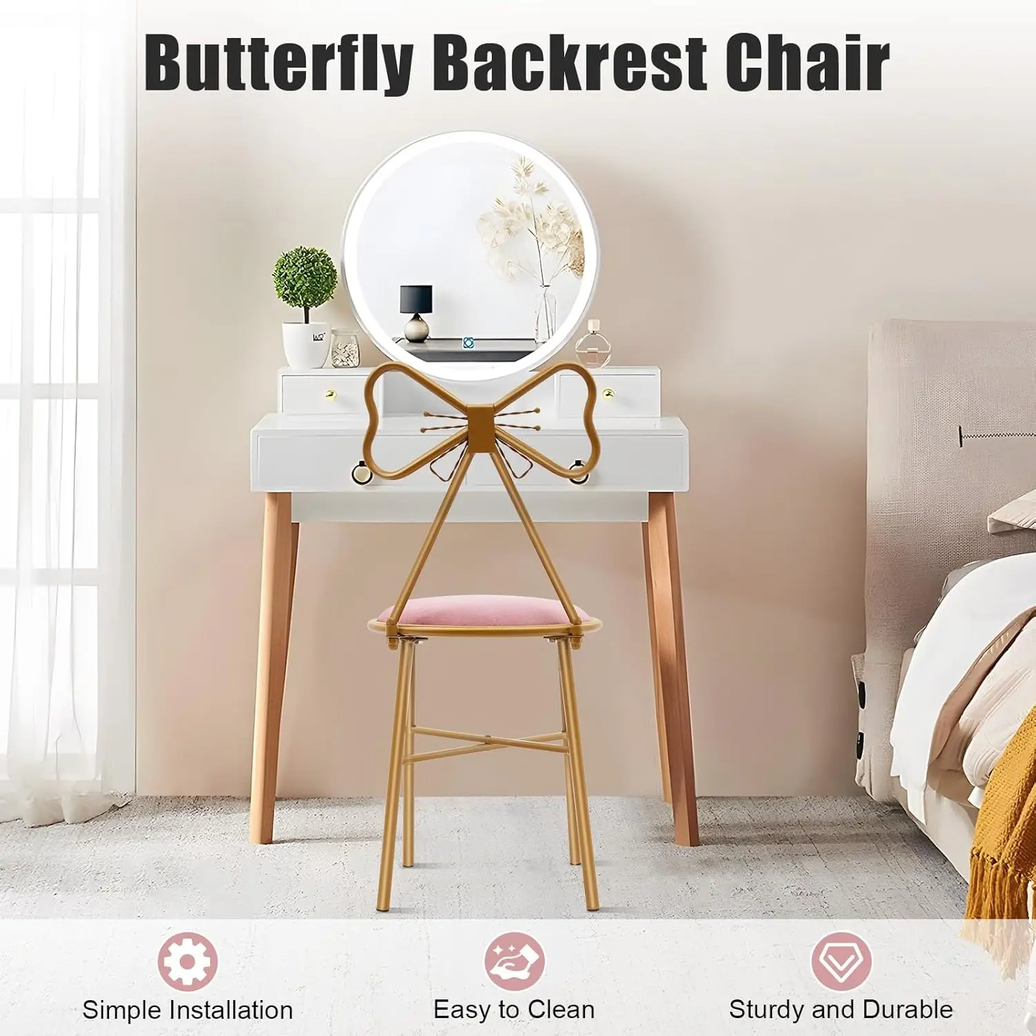 Butterfly Bow Tie Pink Vanity Chair Velvet Cushion Metal Frame Lounge Dresser Seat With Butterfly Backrest Also Use For Kitchen
Butterfly Bow Tie Pink Vanity Chair Velvet Cushion Metal Frame Lounge Dresser Seat With Butterfly Backrest Also Use For Kitchen