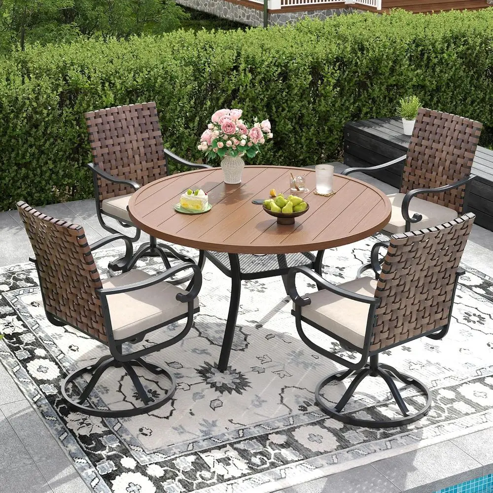 47.2 Round Metal Outdoor Dining Set with 4 Wicker Swivel Chairs and Cushions, Ideal for Patio, Garden, or Porch
47.2 Round Metal Outdoor Dining Set with 4 Wicker Swivel Chairs and Cushions, Ideal for Patio, Garden, or Porch