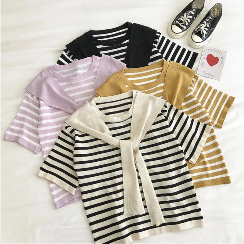 O neck Short Sleeve T-shirts Women retro Striped Casual Tees Y2k Tops 2023 Ropa Mujer Loose Korean Knitted Woman Tshirt
O neck Short Sleeve T-shirts Women retro Striped Casual Tees Y2k Tops 2023 Ropa Mujer Loose Korean Knitted Woman Tshirt