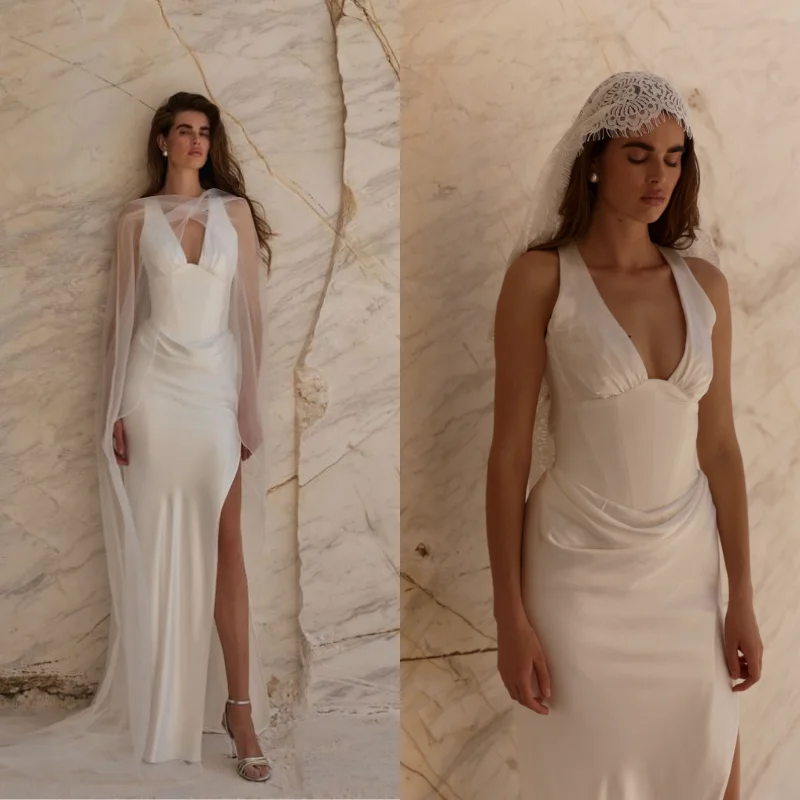 2026 Modern Satin Mermaid Wedding Dress Deep V Neck High Slit Sheer Tulle Veil Cape Elegant Bridal Gown for Bride Custom Made
2026 Modern Satin Mermaid Wedding Dress Deep V Neck High Slit Sheer Tulle Veil Cape Elegant Bridal Gown for Bride Custom Made