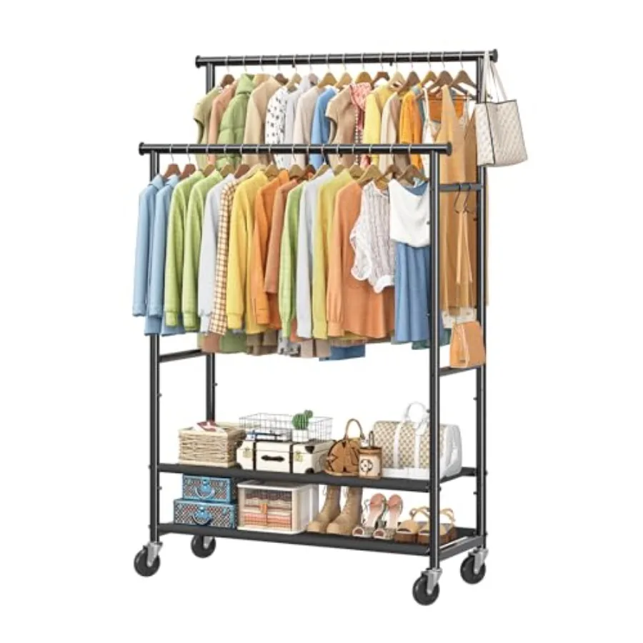 Double Rods Clothes Rack for Hanging Clothes Rolling Clothing Rack with Wheels 2-Tier Hanging Rack with Mesh Shelves Holds 300
Double Rods Clothes Rack for Hanging Clothes Rolling Clothing Rack with Wheels 2-Tier Hanging Rack with Mesh Shelves Holds 300
