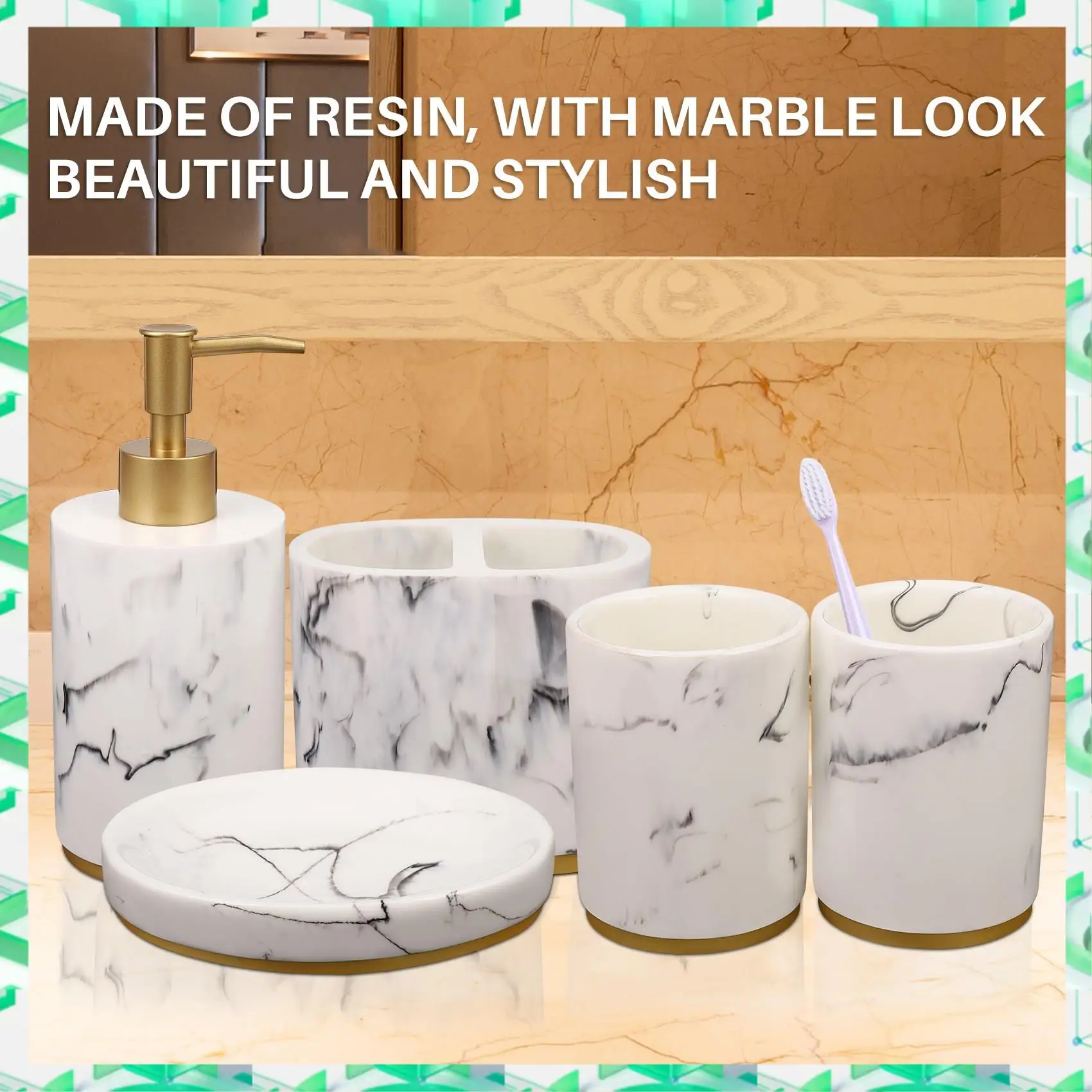 FIZP Bathroom Accessories Set, 5 Pieces Bath Ensemble, Bath Set Collection Marble Pattern Soap Dispenser Pump, Toothbrush Holder
FIZP Bathroom Accessories Set, 5 Pieces Bath Ensemble, Bath Set Collection Marble Pattern Soap Dispenser Pump, Toothbrush Holder